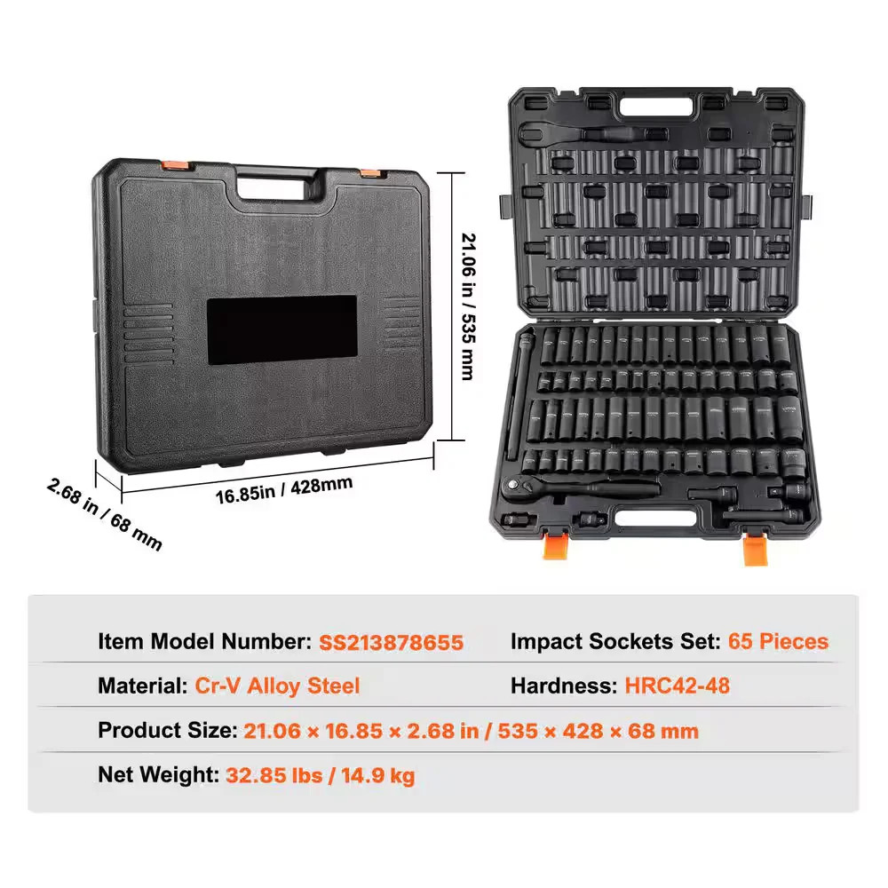 1/2 In. Drive Impact Socket Set,65 Piece Socket Set SAE 3/8 In. to 1-1/4 In. and