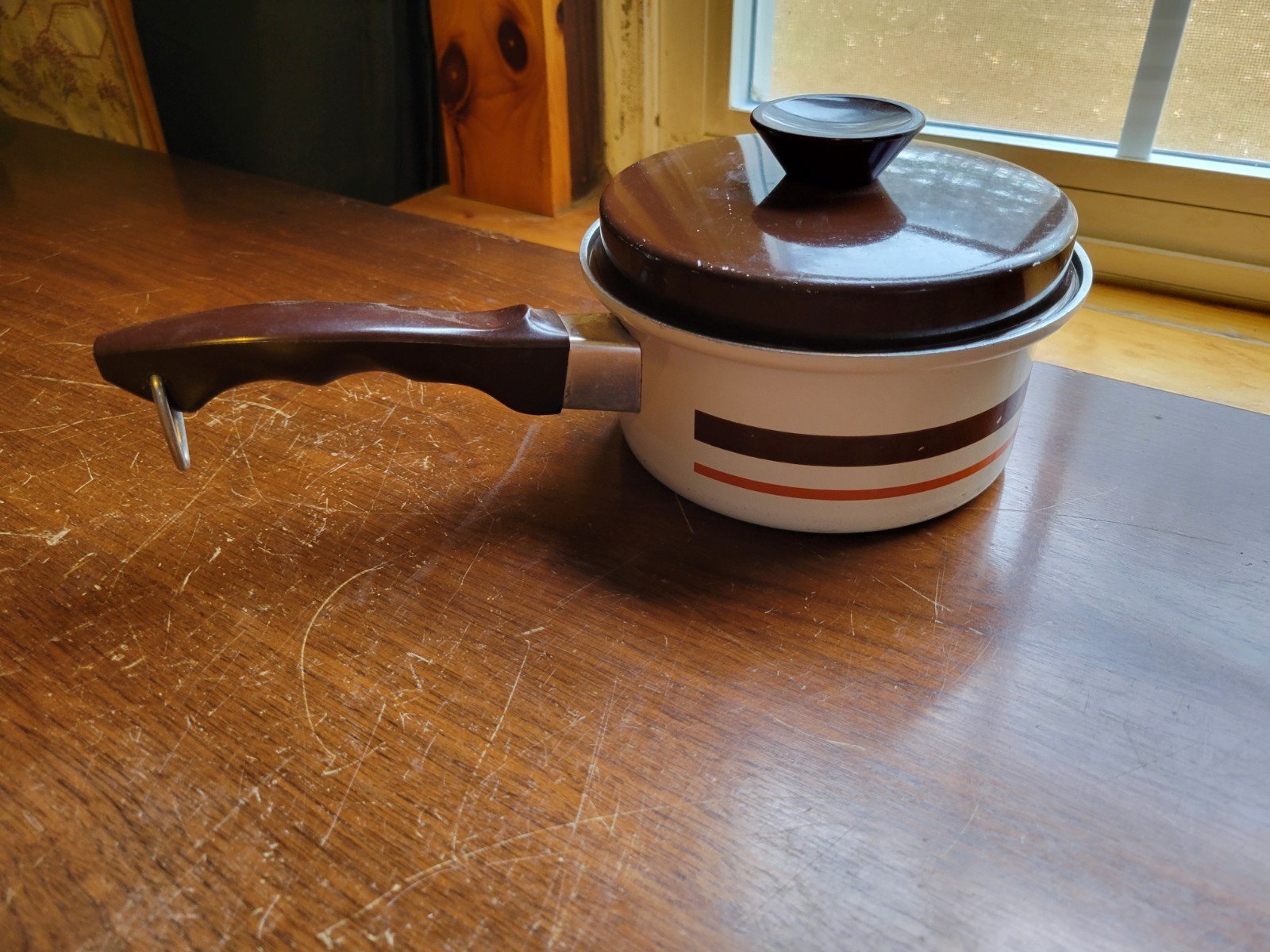 Vintage Mirro Enamel Sauce Pan 1 QT Retro Tan Brown Stripe w/ Lid