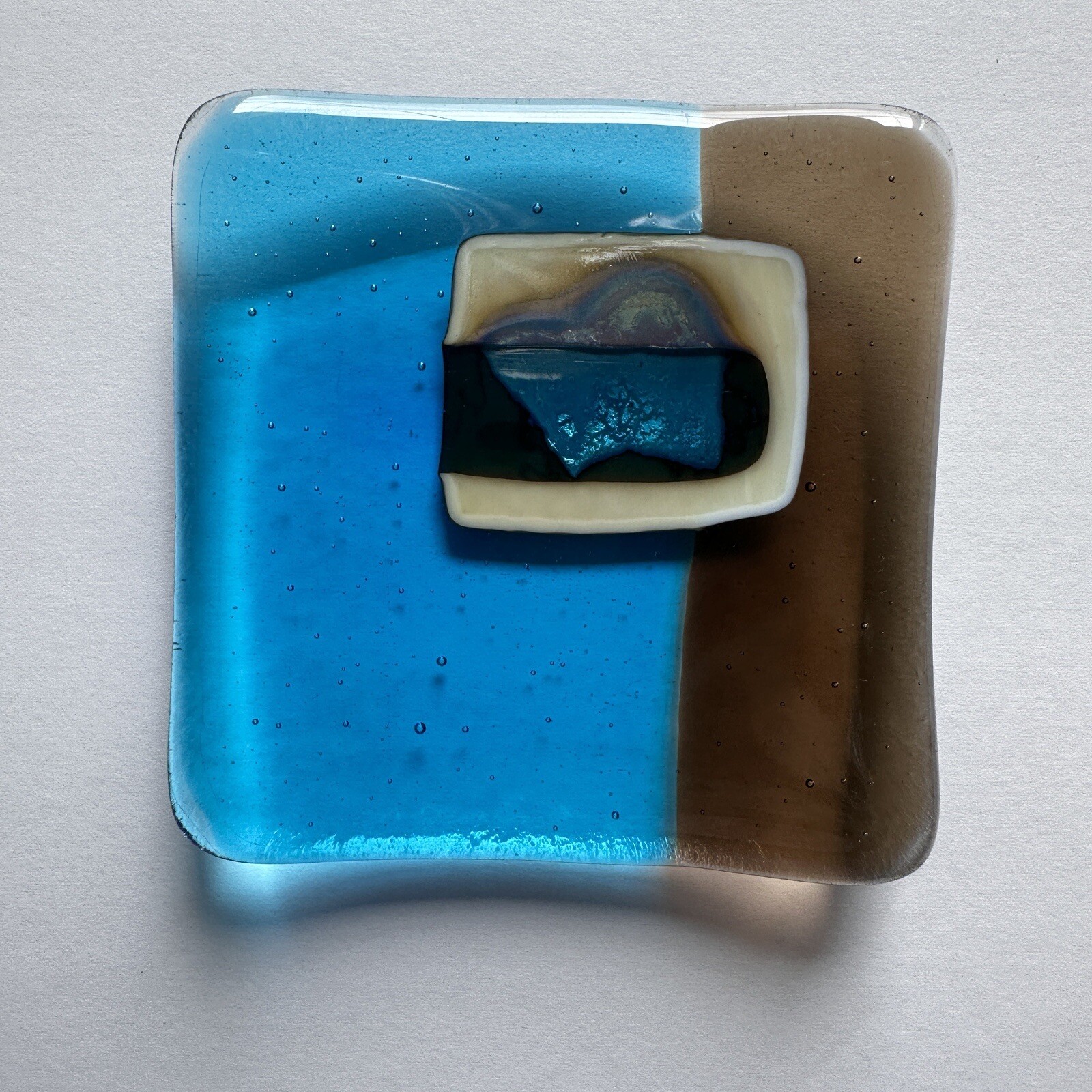 Kathy Burk Art Glass Dish 3.5 Inch Blue Brown Montana Handmade Fused Signed