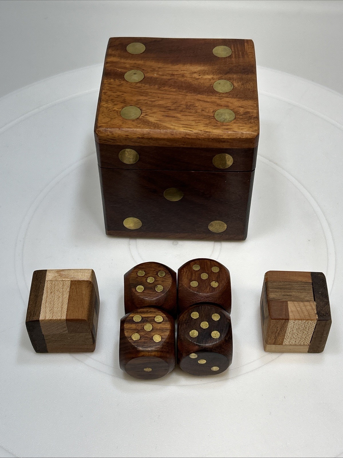 Wood Dice Box with Brass Inlay 2.5” Square w/ 6 Dice