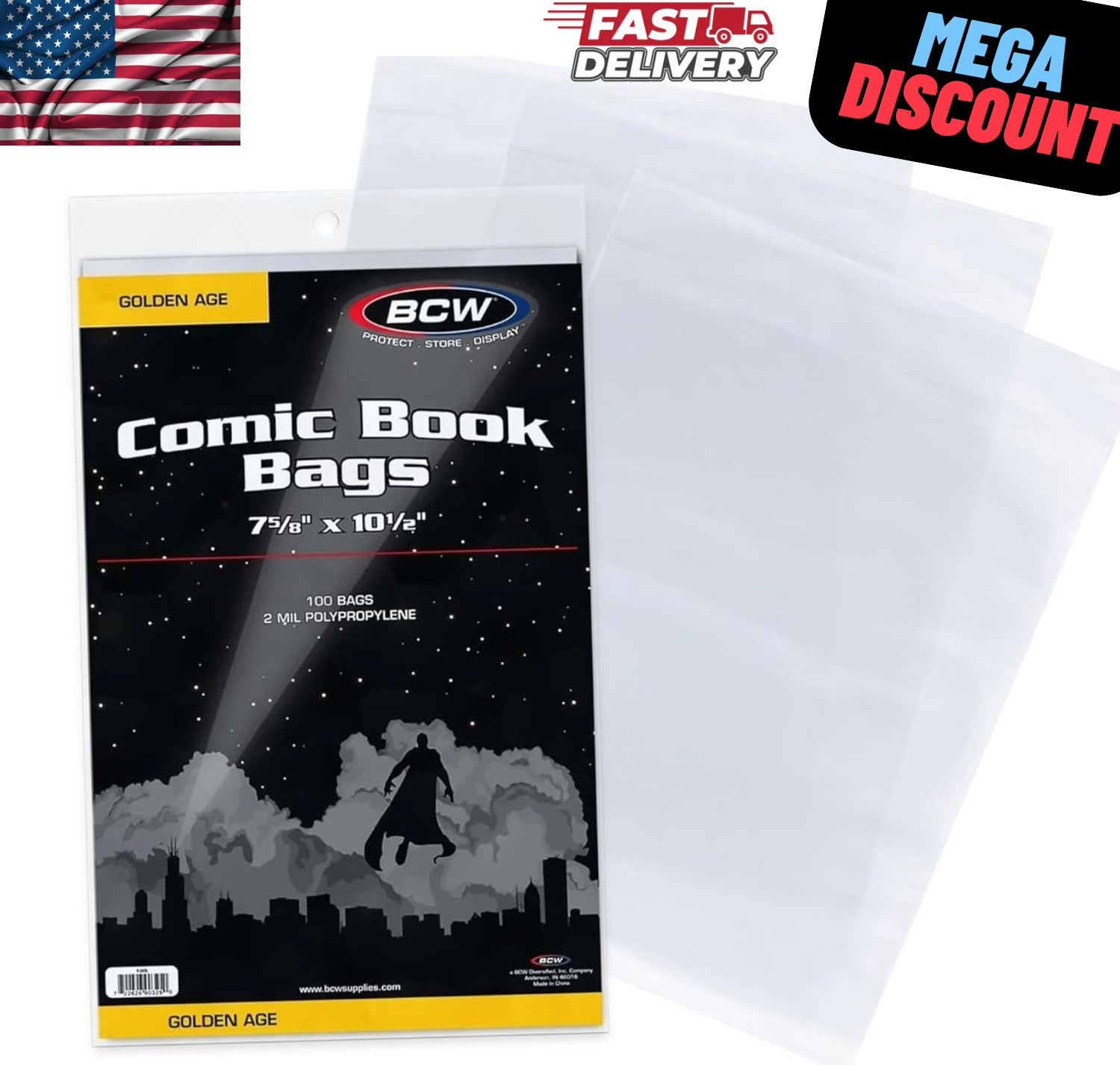 100 Pack BCW Golden Age Comic Book Bags (Resealable) And Boards Acid Free