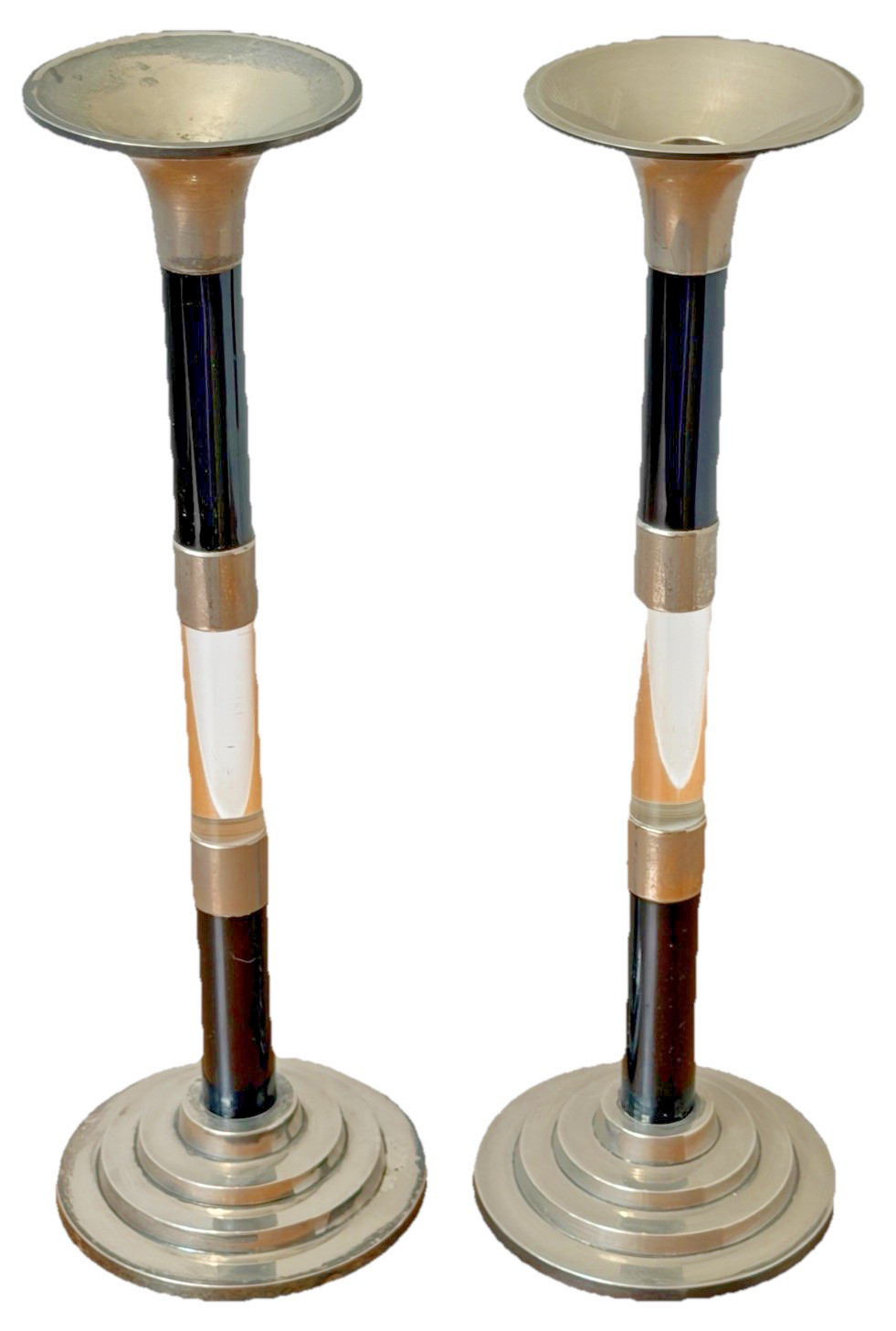 15″ Art Deco Skyscraper Metal Chrome Sculpture Lucite Acrylic Candlestick Vtg