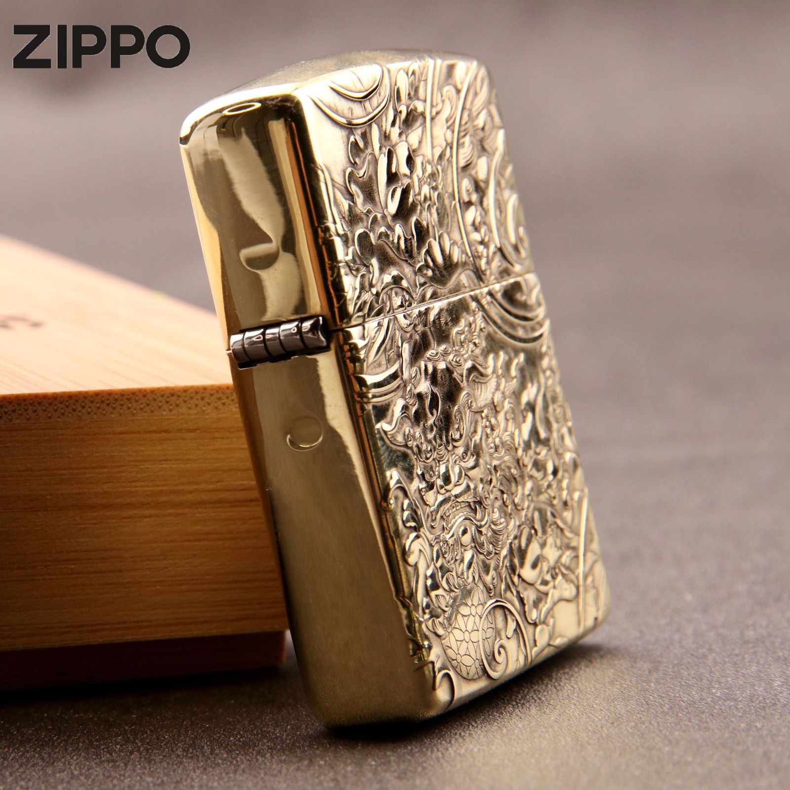 Zippo Solid Brass Deep-Engraved Armor Lighter with Tang Lion–Gift & Collectible