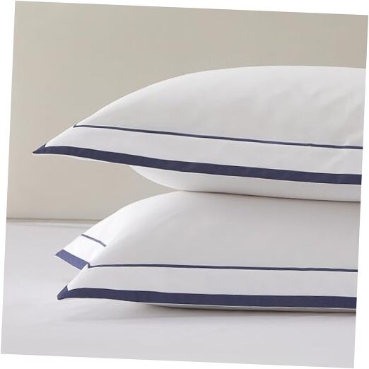 White Pillow Shams Standard Size Set of 2, (20″ x 26″) Standard White With Navy