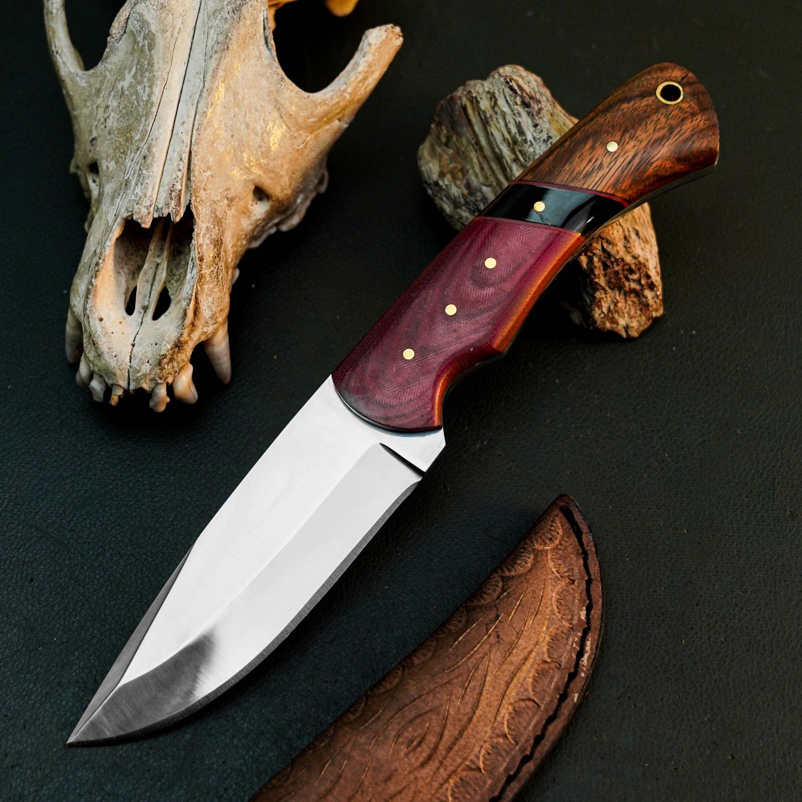 9.2″ D2 Skinning Hunting Knife Handmade Full Tang Hybrid Handle Leather Sheath