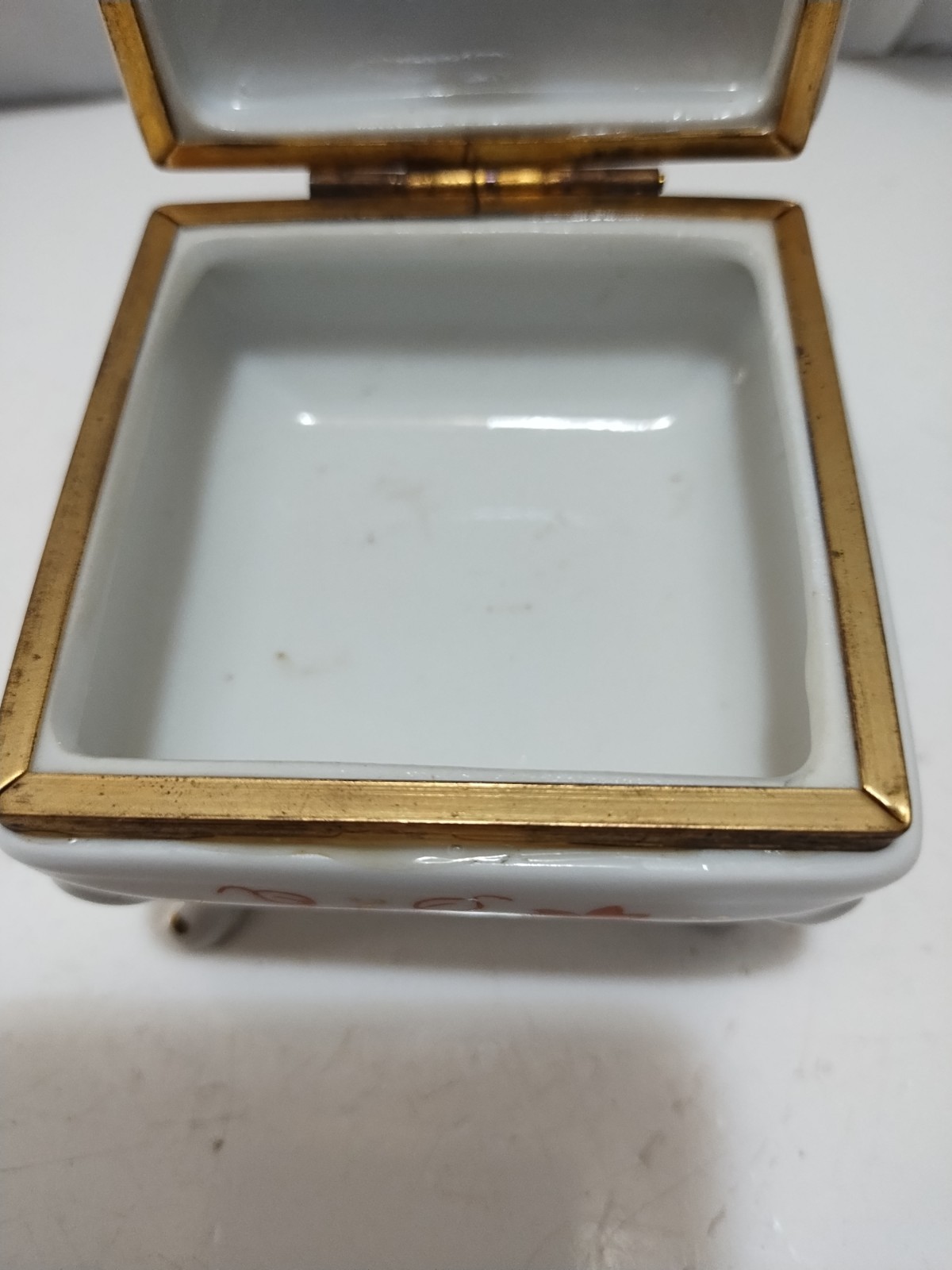 Four Legged Porcelain Hinged Square Trinket Box Floral Orange Whimsical Retro