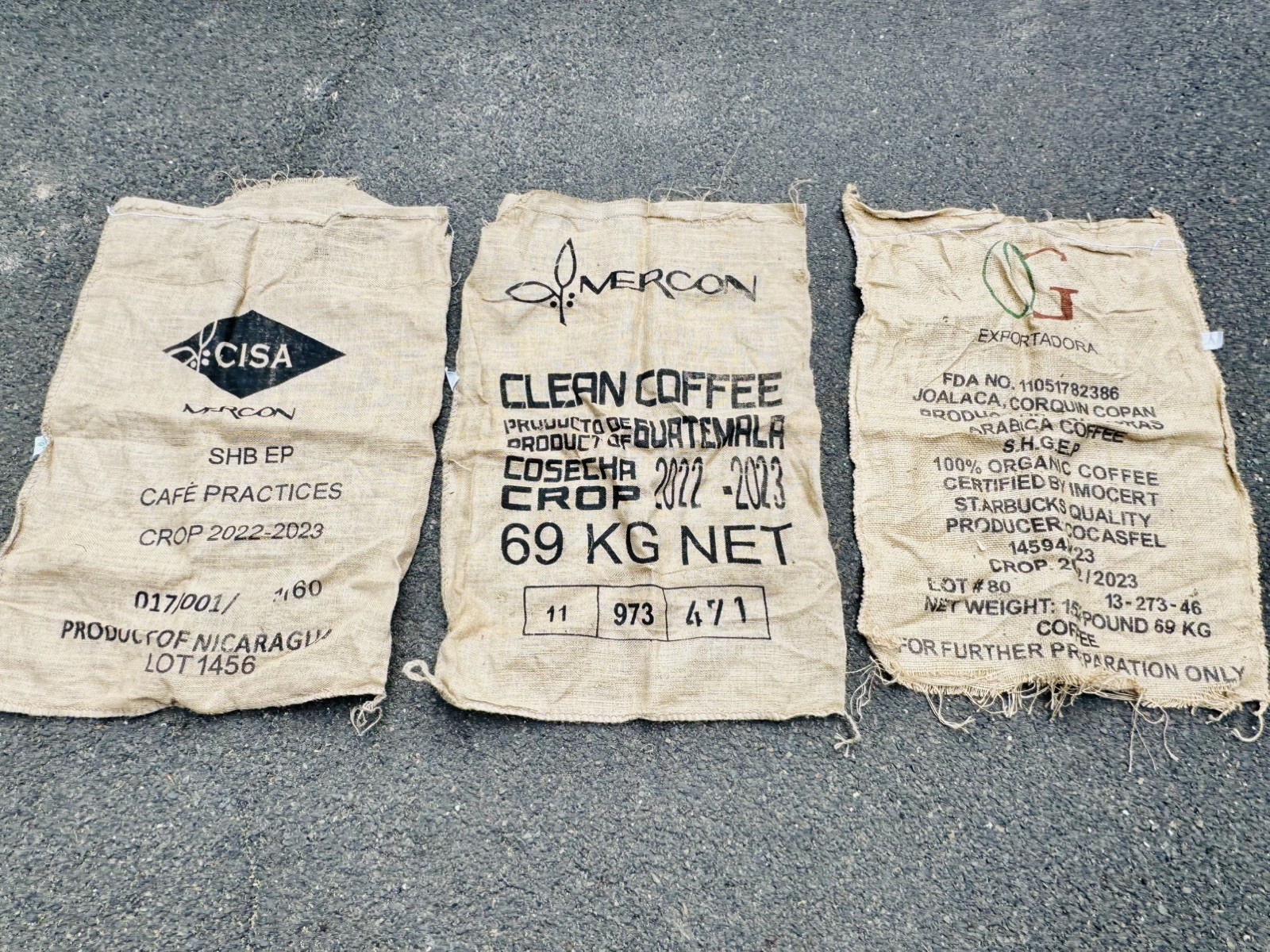 THREE Burlap Jute Sacks Nicaragua Guatemala Coffee Rustic Farmhouse Vtg Decor