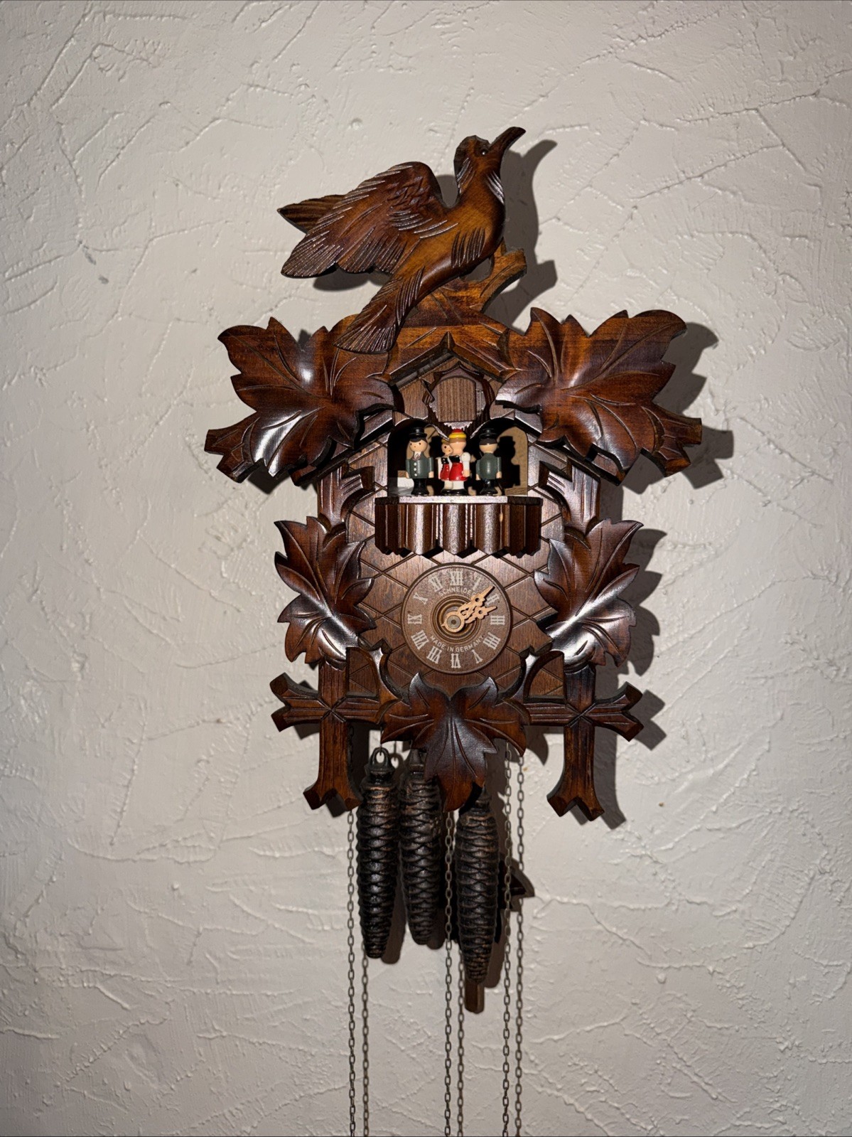 German Cuckoo Clock W/Music Mechanical 3 Weights Pendulum Tries To Work Preowned