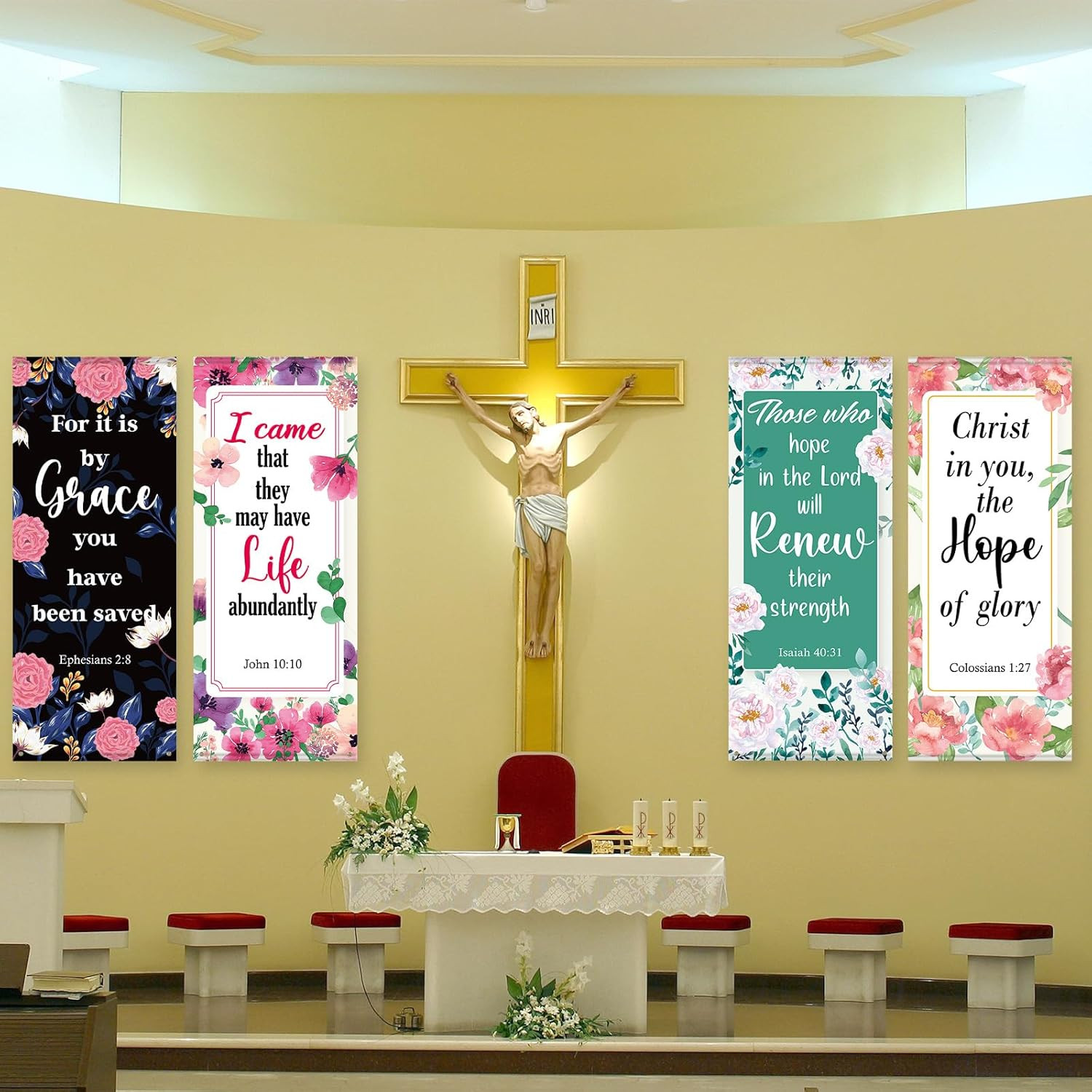 Church Scripture Banners Set – Inspirational Floral Decor for Worship Spaces