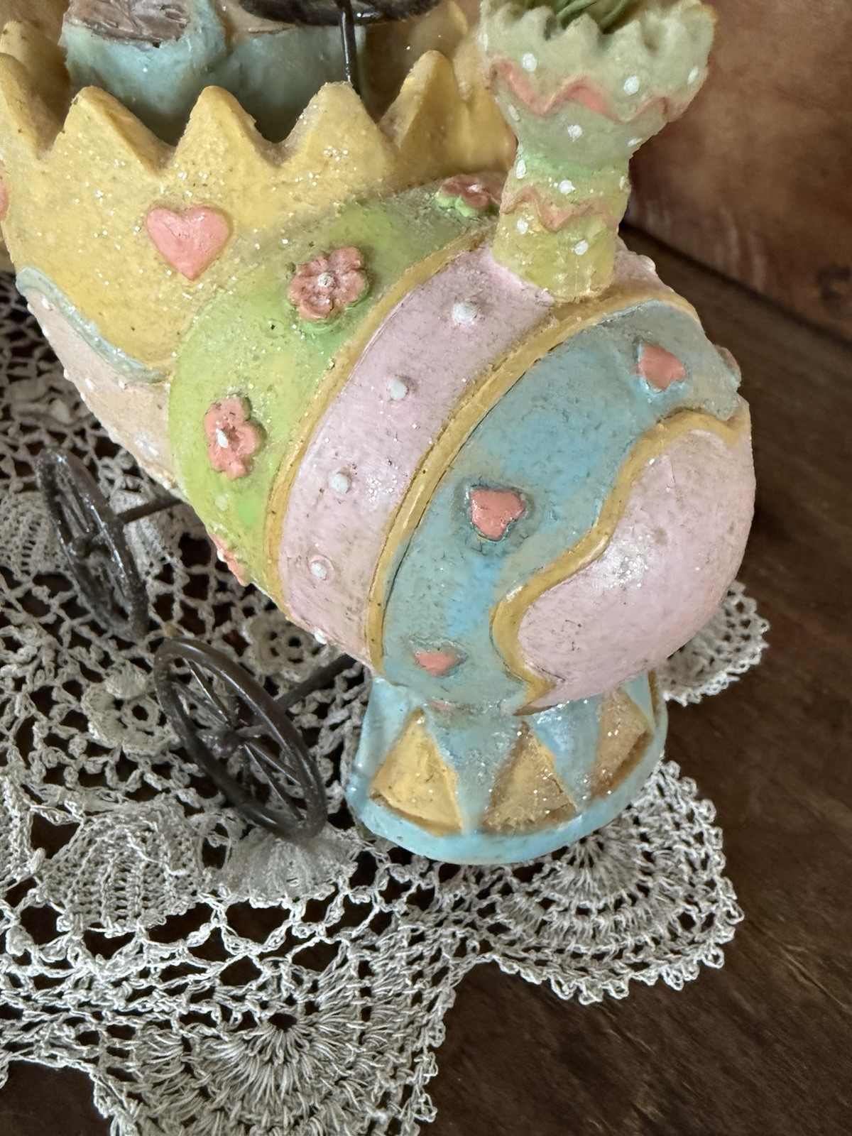 Whimsical Vintage Easter Bunny Egg Train Figurine – Pastel Cracked Eggs