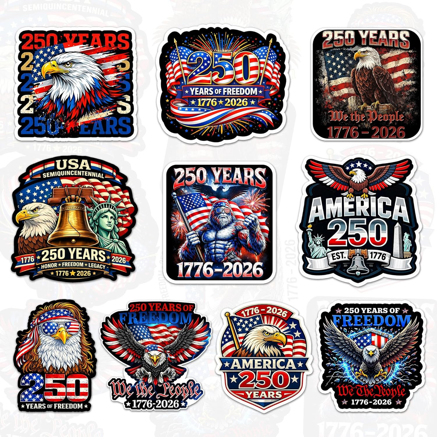America 250 Years of Freedom Sticker Pack 10pcs 3in – USA 250th Anniversary 1776