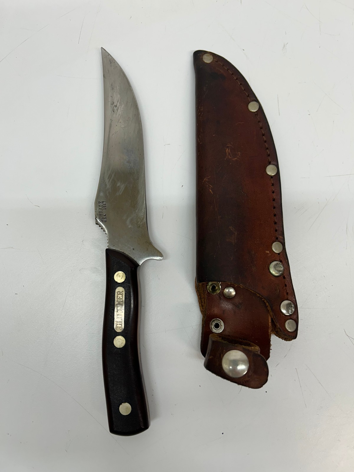 Vtg Schrade USA Old Timer 150T Fixed Blade Hunting Knife W/ Leather Sheath