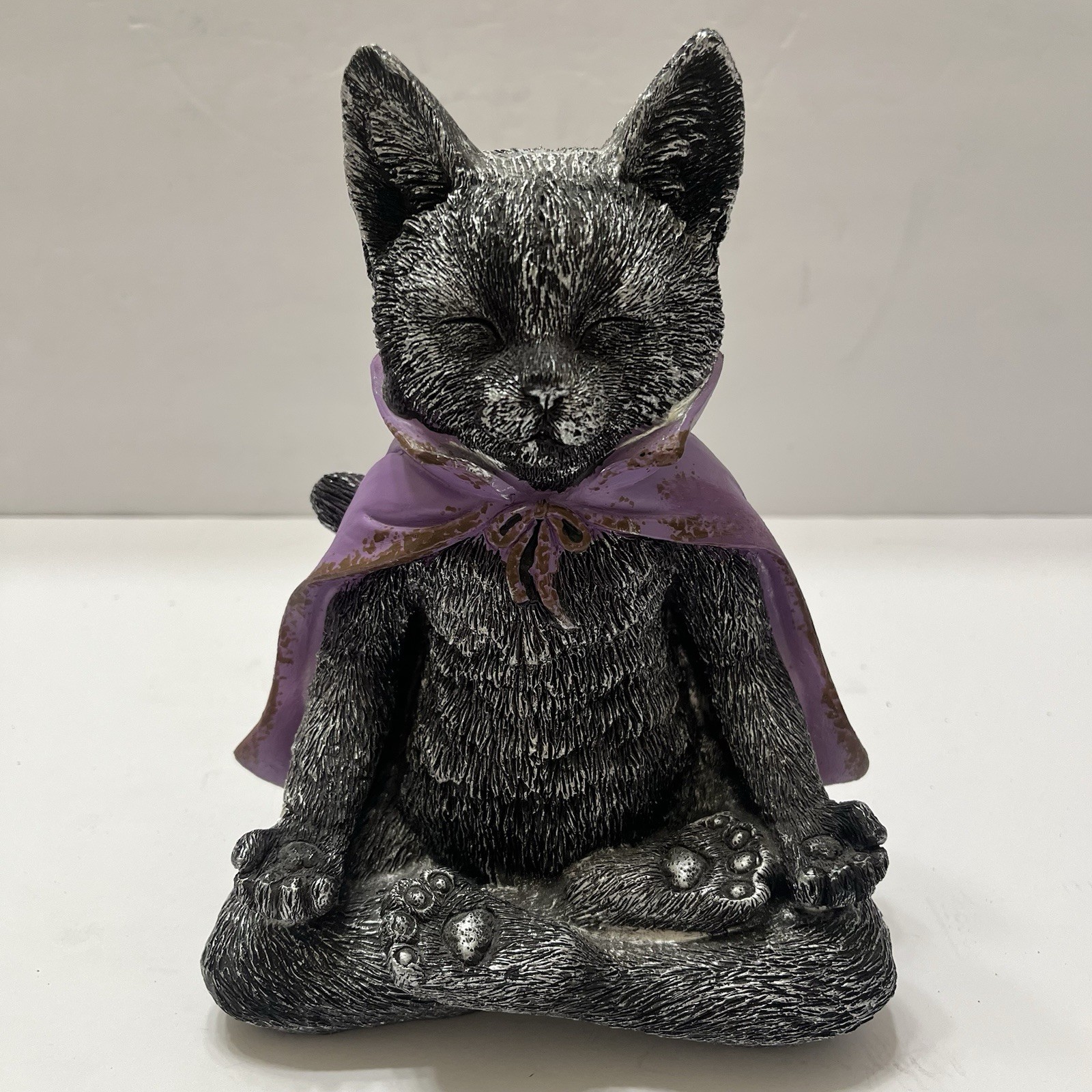Halloween Meditating Yoga Zen Cat Resin Black Purple Cape 7.5×6”