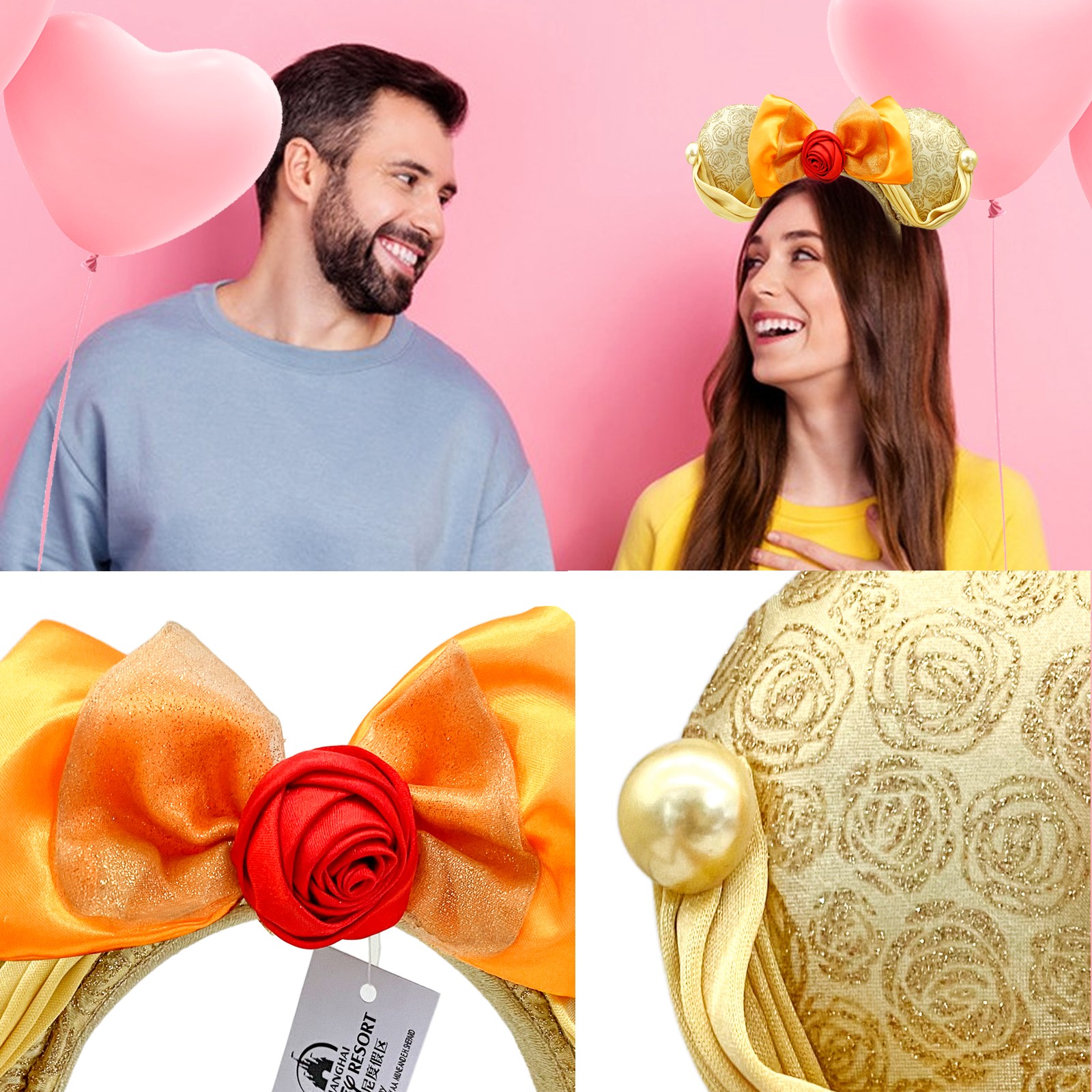 Disney~White Sequin Red Polka Dots Bow Ears+Belle Beauty and the Beast Ears 2PCS