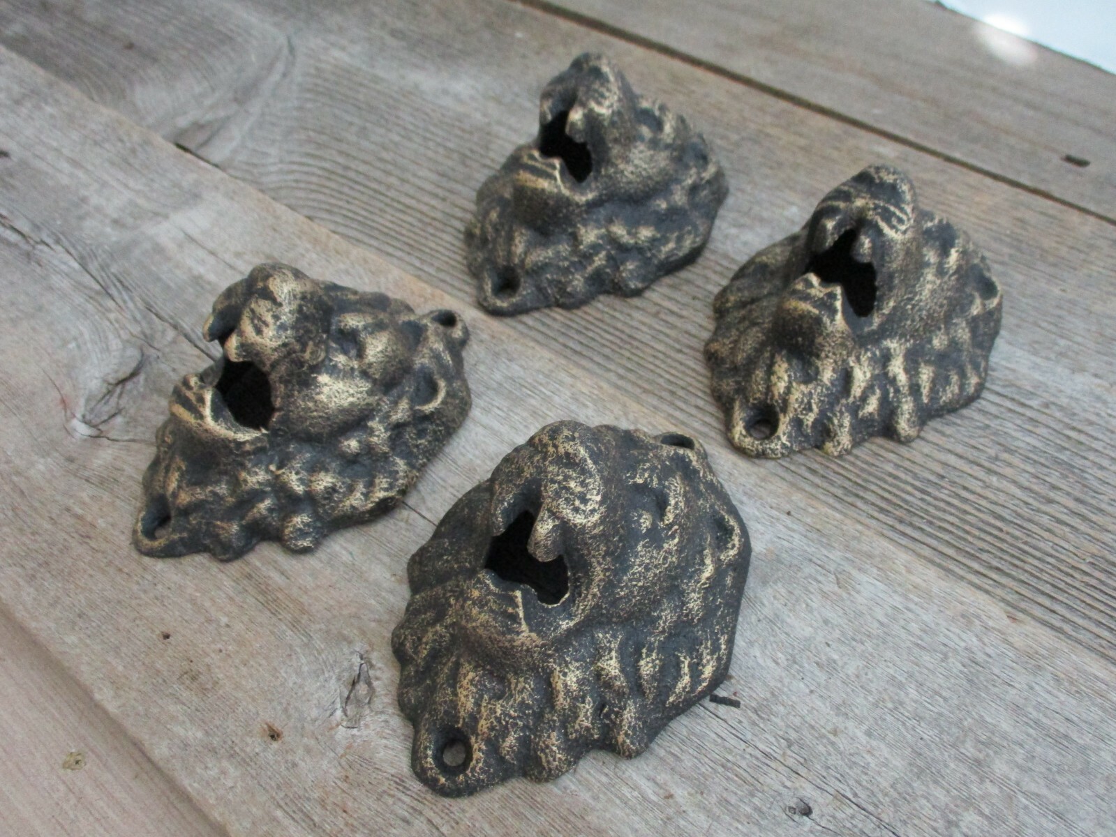 4 CAST IRON LION HEAD DECOR PIECE ORNAMENT DOOR ENTRY WAY GOOD LUCK BLACK & GOLD