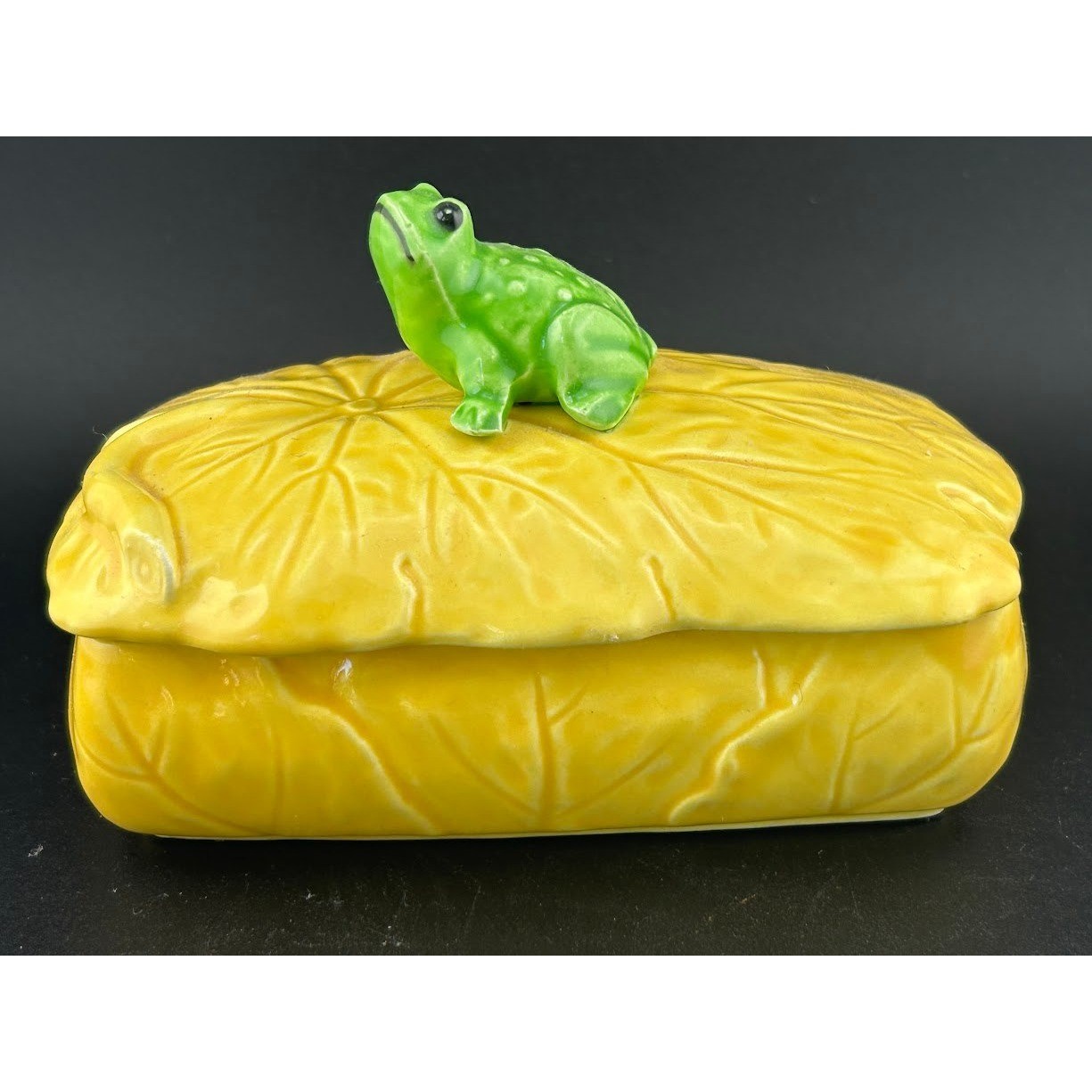 Vintage Ceramic Trinket Box with Frog Lid Yellow 1975 Aldon Made In Japan