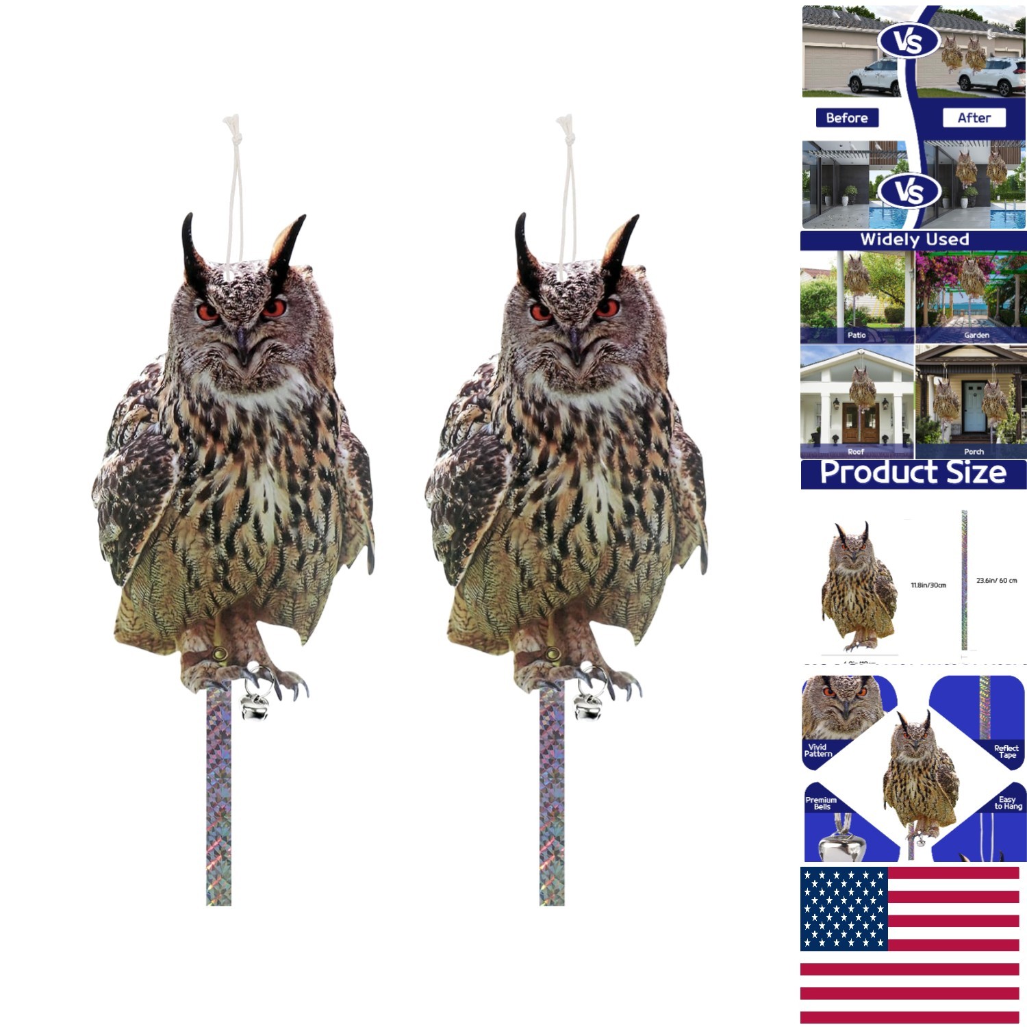 Weatherproof Black Owl Hanging Scare Devices – Includes 2 Decoys and Accessories