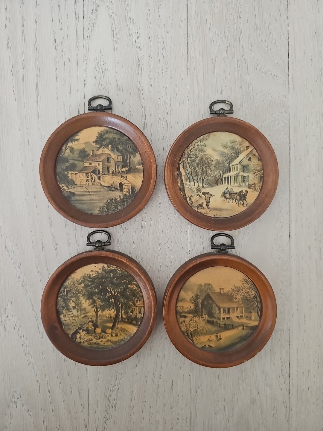 Vintage Set 4 WOODCROFTERY Framed Round Print Plaques Wall Wood Art 3.5″ Seasons