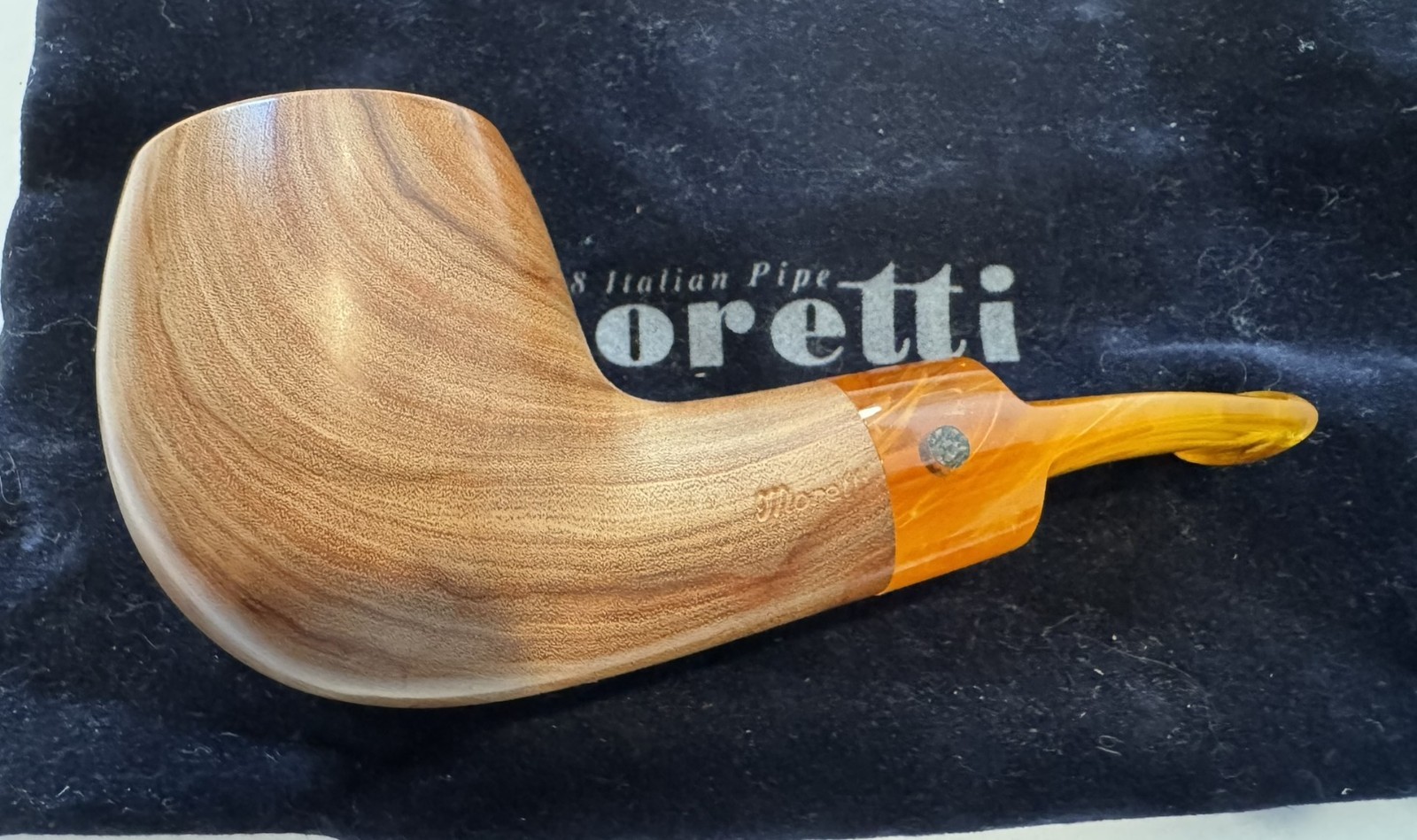 Moretti Bent Freehand Olive Wood Estate Pipe Orange Stem Italy Handmade Pouch