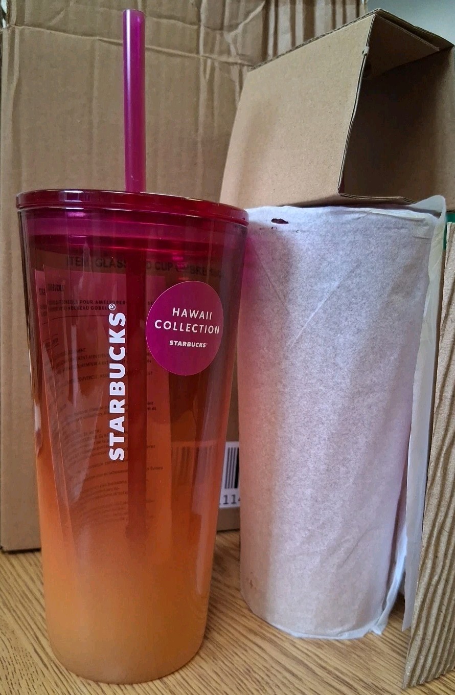 Set of 2 NIB 2020 Starbucks Hawaii Collection 18 oz Ombre Pink Glass Tumbler
