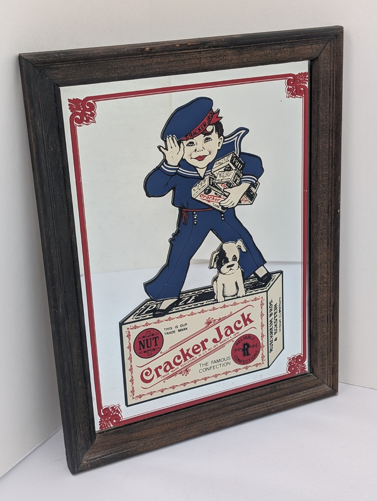 Cracker Jack Vintage Mirrored Advertising Sign 13.5″ x 10.5″ In Wooden Frame