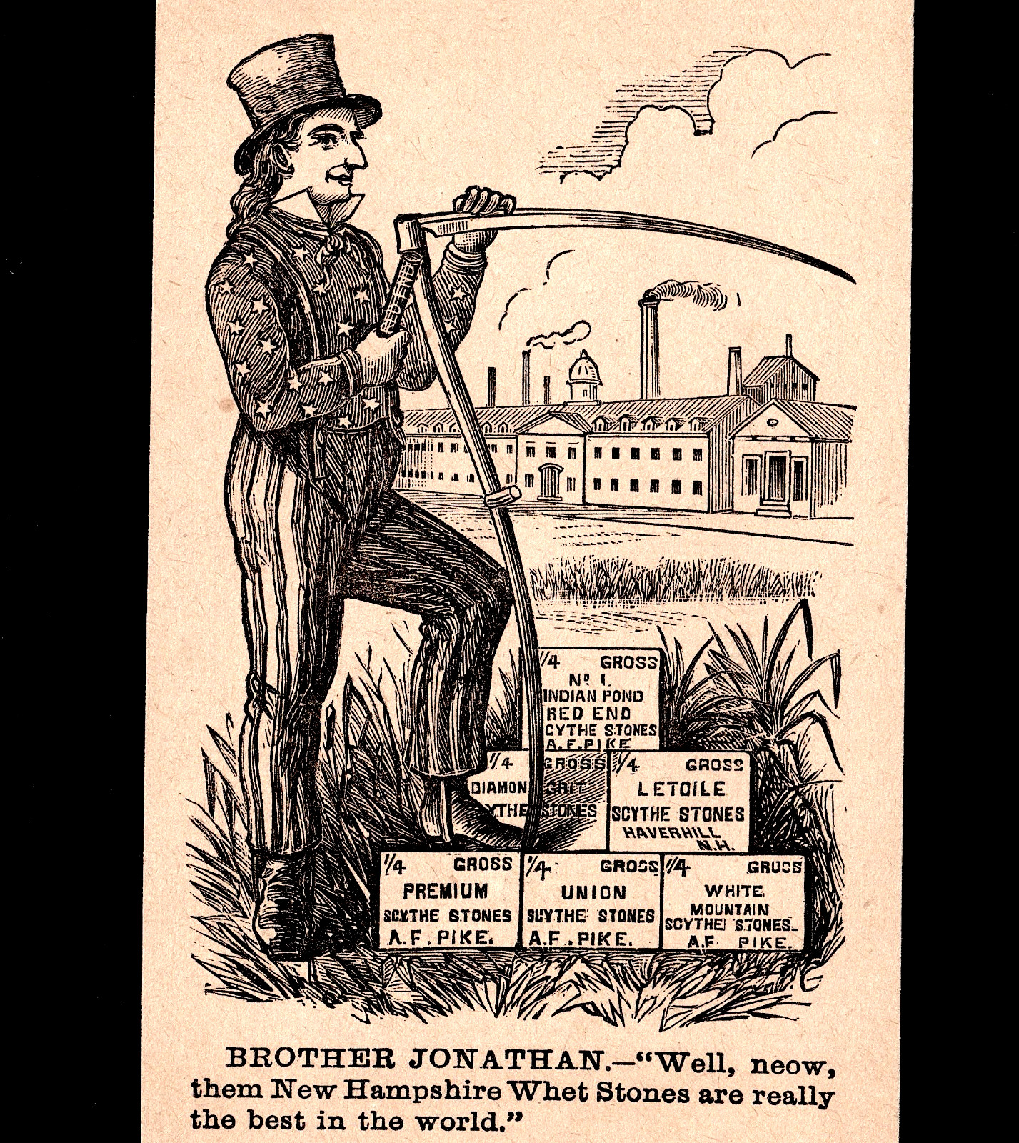 1876 Brother Jonathan Uncle Sam Centennial Exp Scythe Whet Stone Trade Card j.US