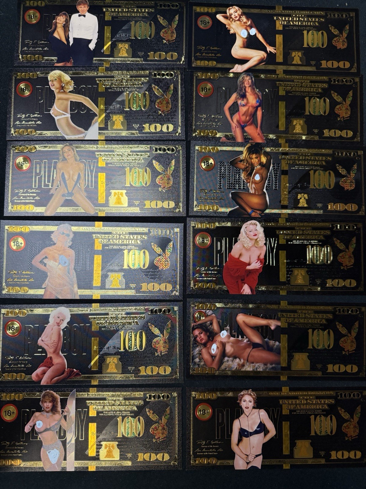 Playboy 24k Gold Foil $100 Banknotes Set Of 12 Exotic Novelty Notes W/COA & ENV
