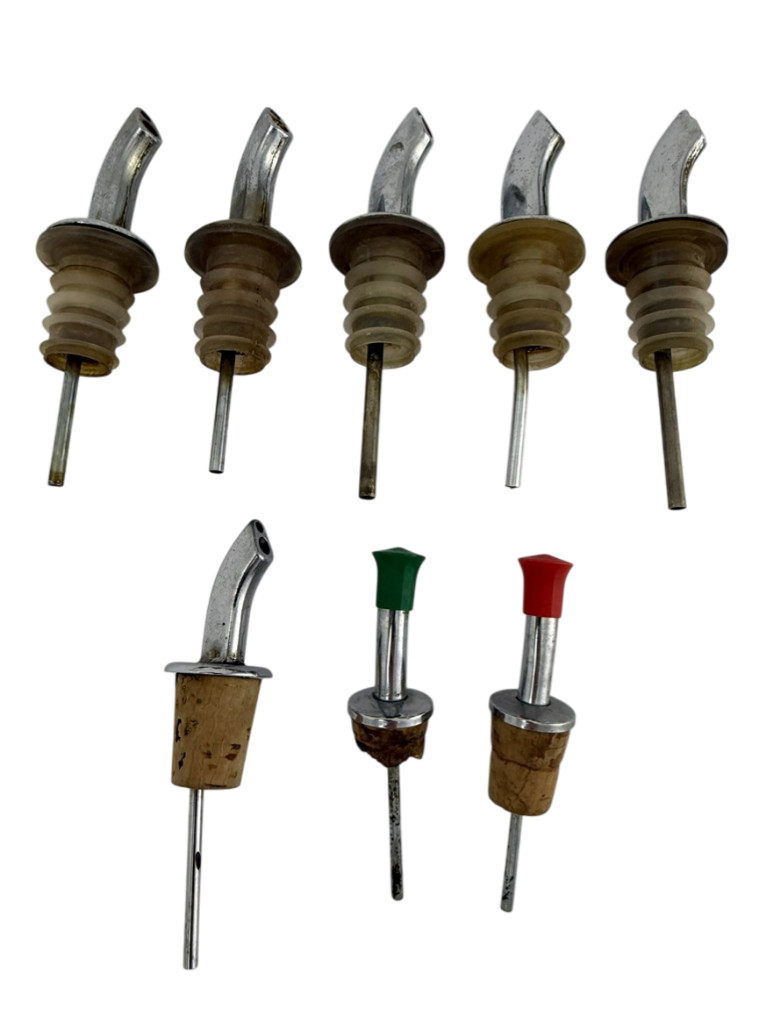 8 Pc Vintage Chrome Pourer Liquor Metal Wine Bar Bottle Pour Shot Spout Stoppers