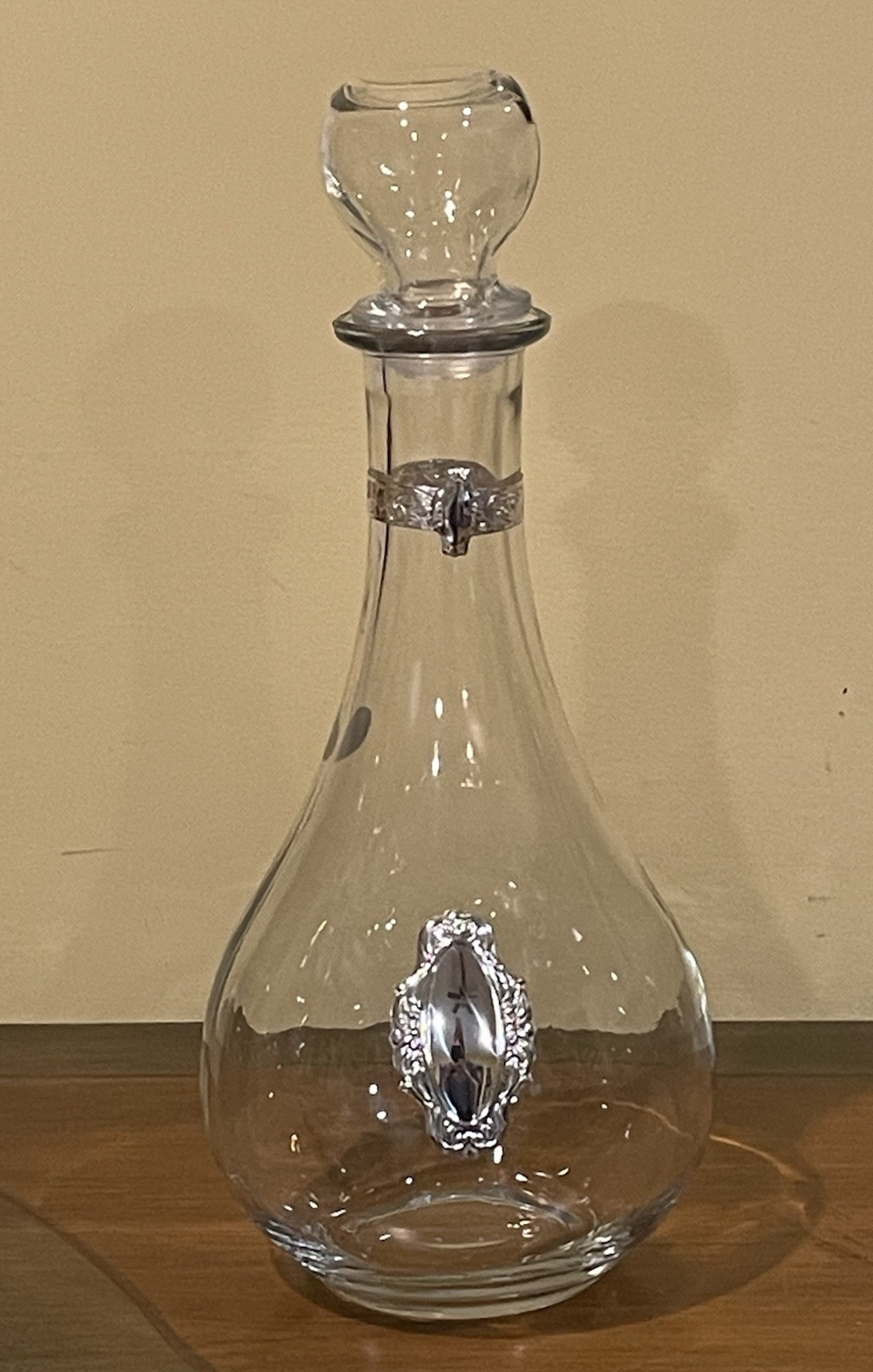 Vintage Italian Hand-Blown Glass Decanter Silver-Tone Ornate Medallions 12″ Tall