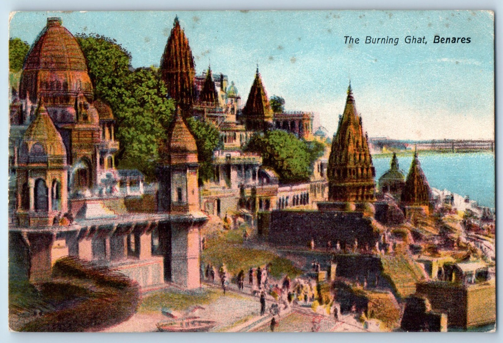 Varanasi Uttar Pradesh India Postcard Burning Ghat Benares 1917 Antique