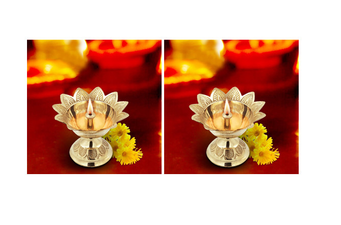 2 Brass Diwali Oil Lamps Diyas Decorative Home Temple Puja Prayer Navratri Gift