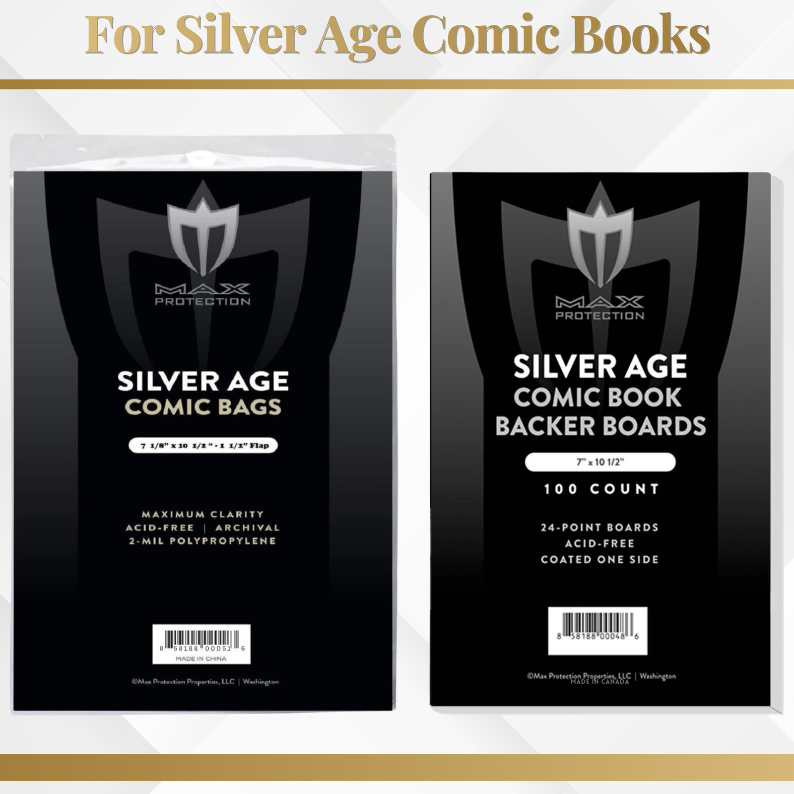 100 Max Pro Silver Age Comic Book Archival 2-mil Bags + Acid Free Backer Boards