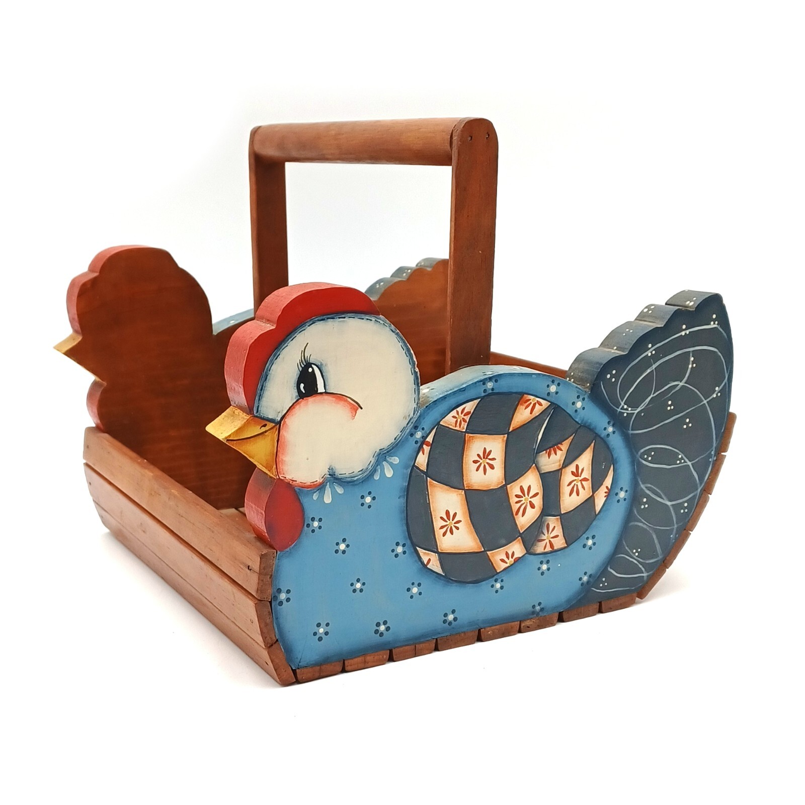 VTG Chicken Slat Basket Cute Kitschy Hand Painted Signed 87 Farm House Country