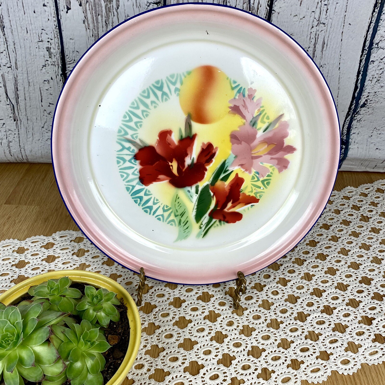 Vintage Enamelware Tray Bowl Floral Pink Rim Peacock China 14” Enamel