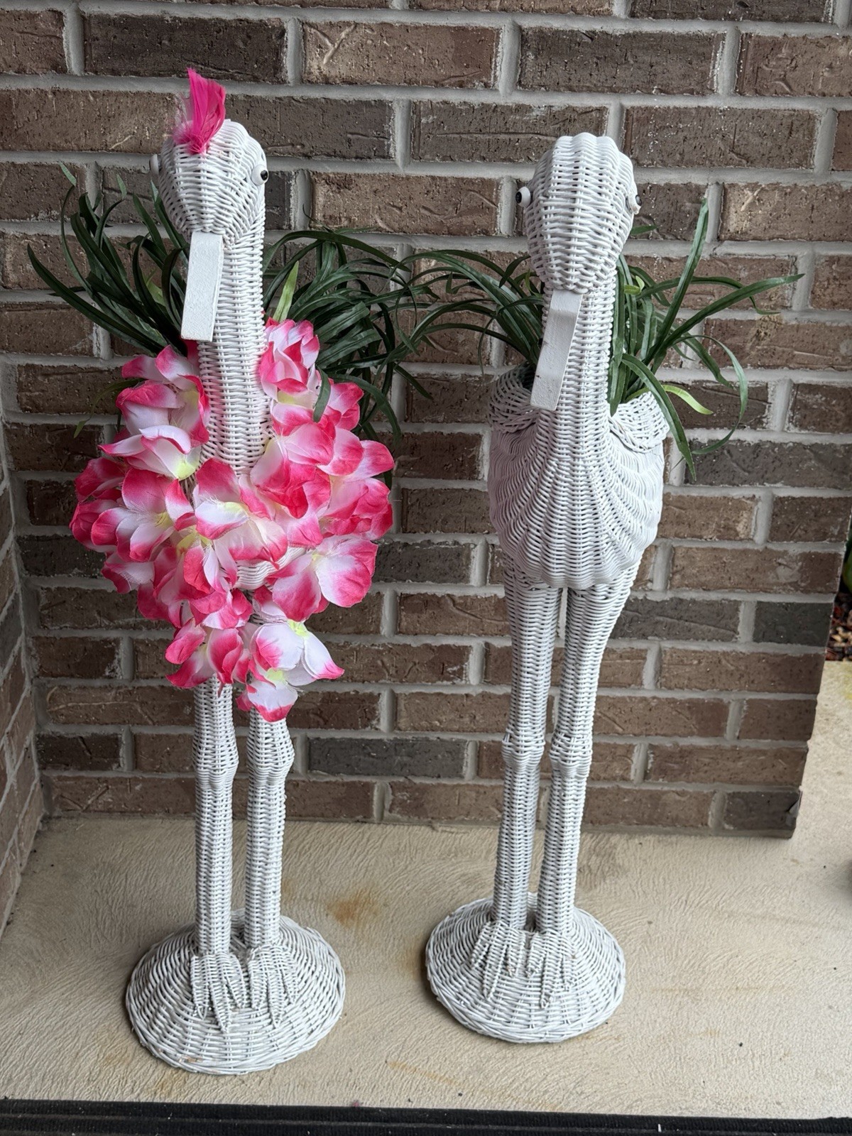 Vtg White Wicker Flamingo Planters (2) 36” Tall Porch Patio Indoor Outdoor Decor