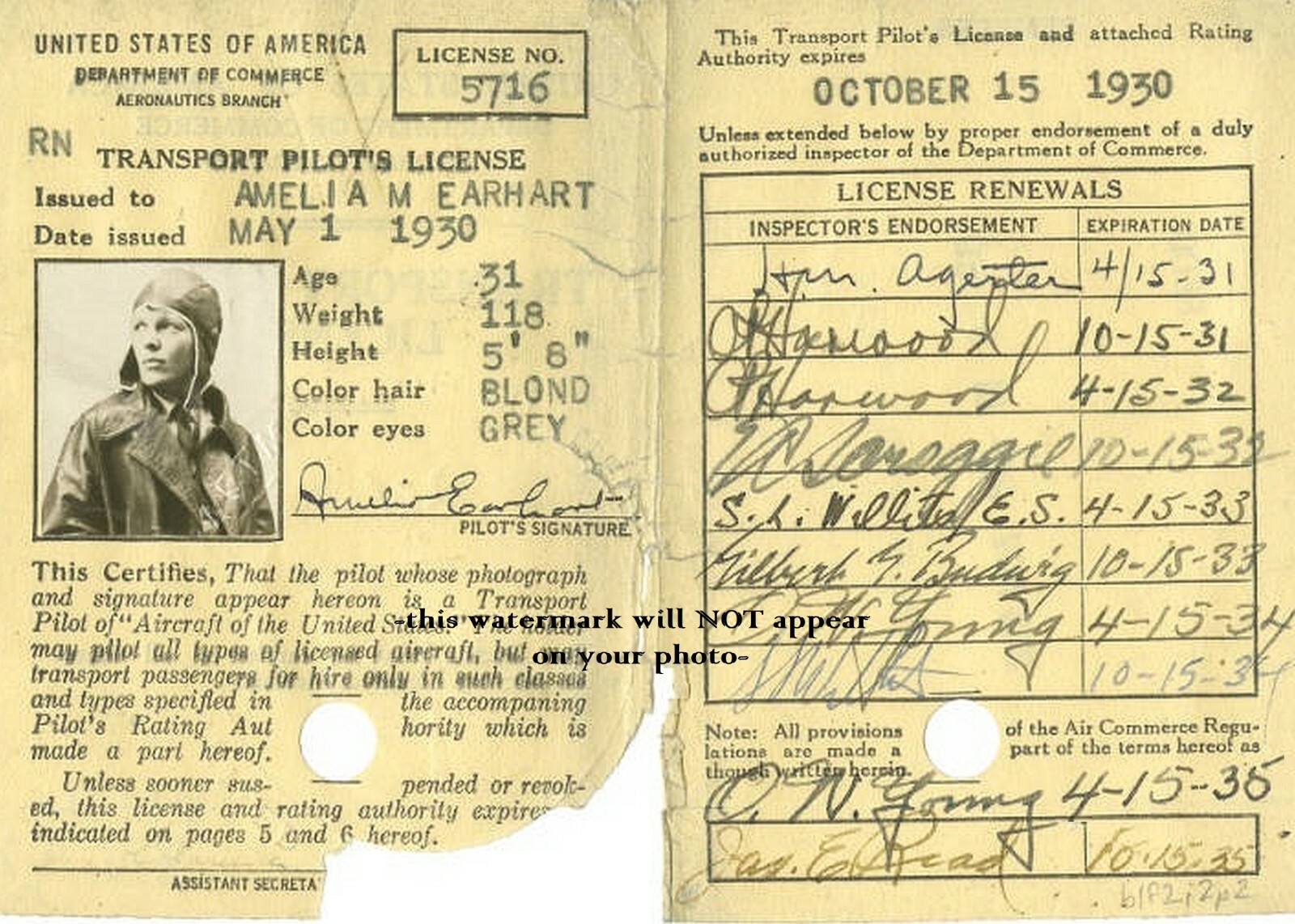 1930 Amelia Earhart Pilot’s License PHOTO,No Joke! Autograph / Signature Shown