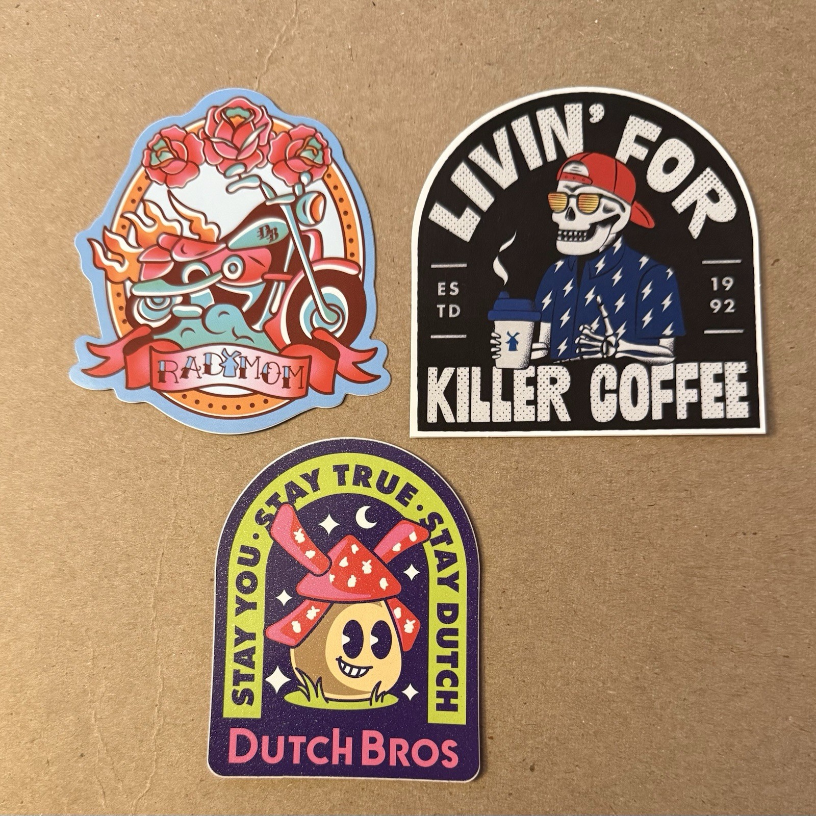 3 Dutch Brothers Stickers Rad Mom, Killer Coffee, and Stay True Mushroom