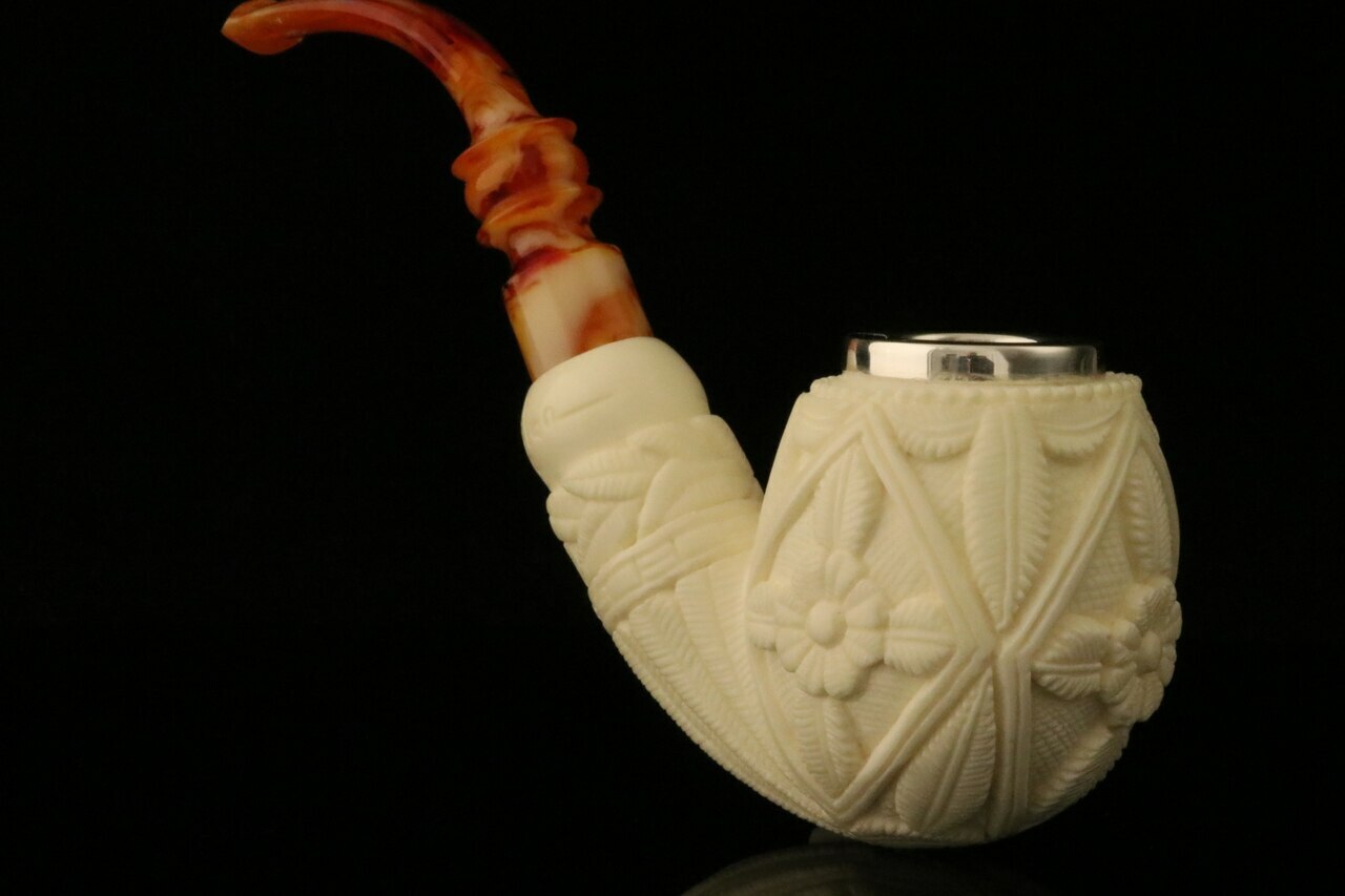 Apple with silver bowl ring Meerschaum Pipe Carved by I. Baglan with case 11704