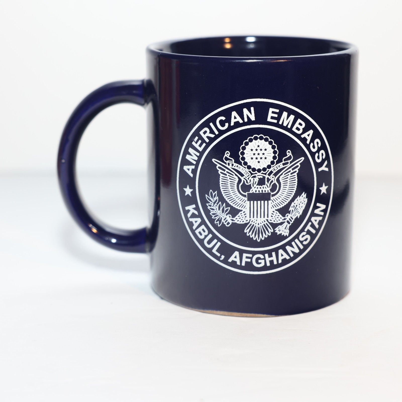 US AMEMB Kabul Coffee Cup Afghanistan Blue Ceramic State Dept Logo Crest