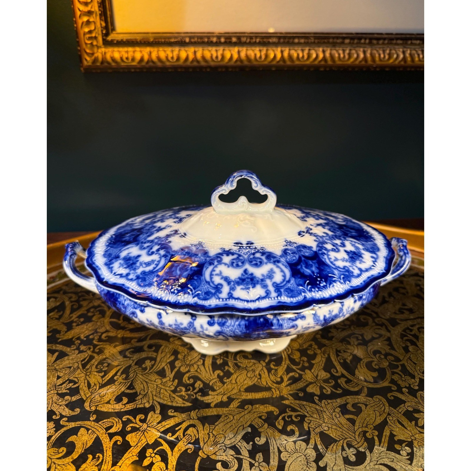 Flow Blue Tureen: John Maddock Dainty Royal Vitreous Vegetable Dish c.1896-1910