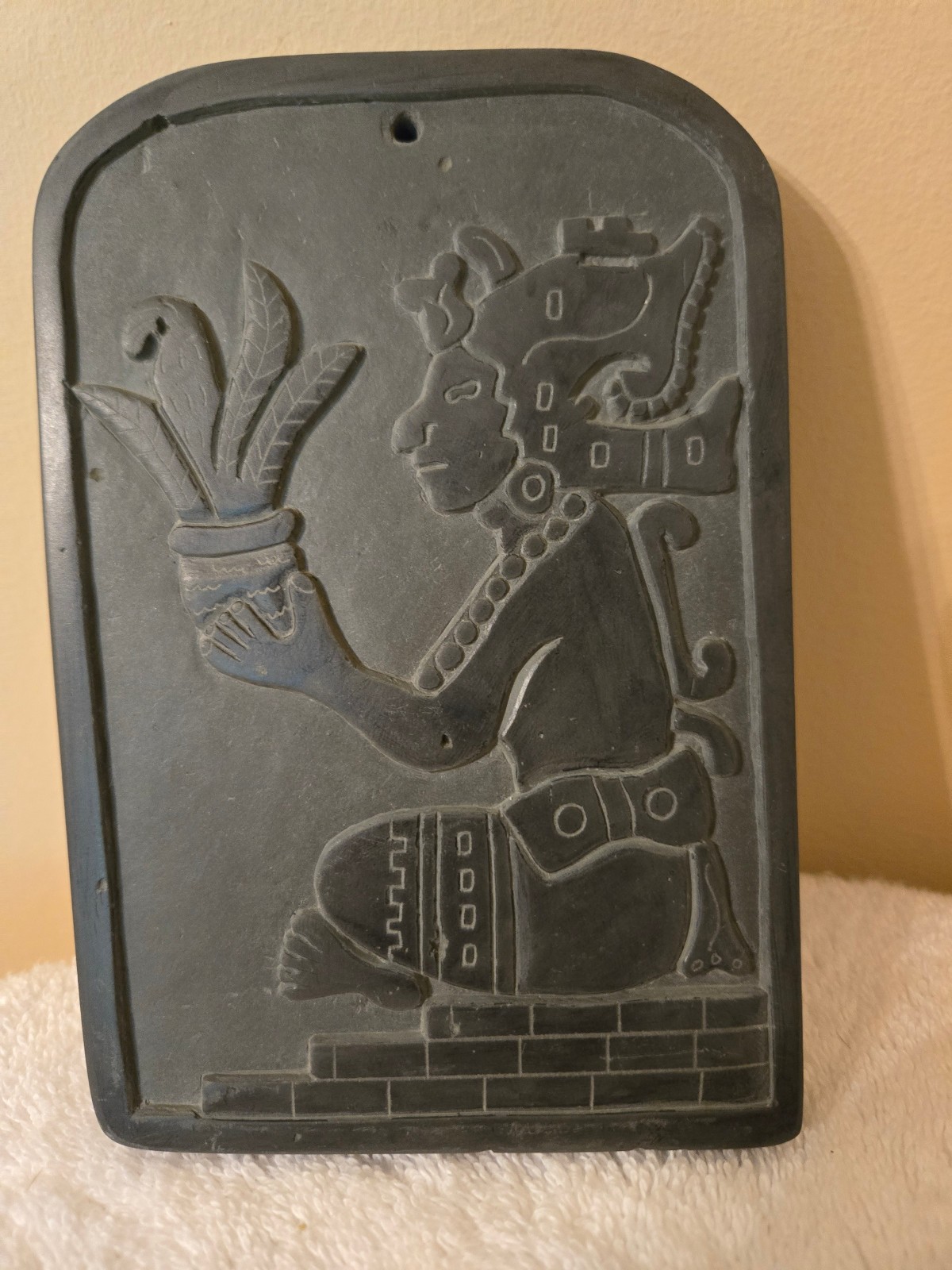 Vintage 1996 Belize Maya “Maize God” Relief Stone Art Carved Slate Plaque – 6×4″