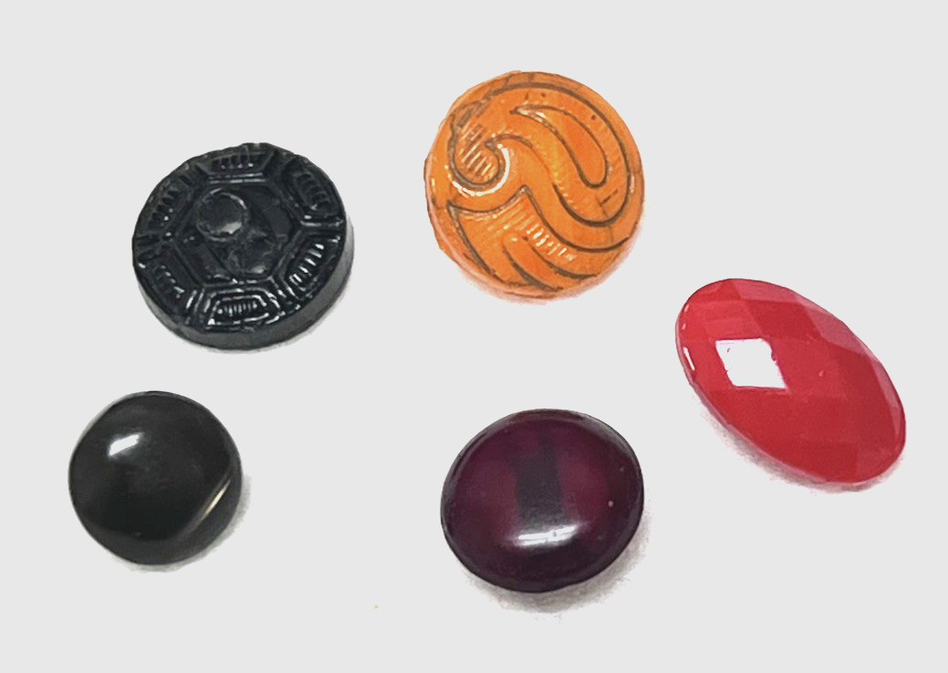 5 Antique Diminutive Dress Buttons Colored Glass Round and Oval 1/4 – 3/8 inches