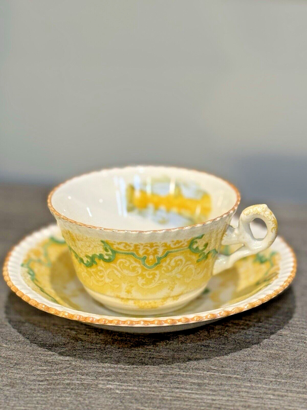 Antique Copeland Spode Continental Views Yellow & Green Teacup & Saucer