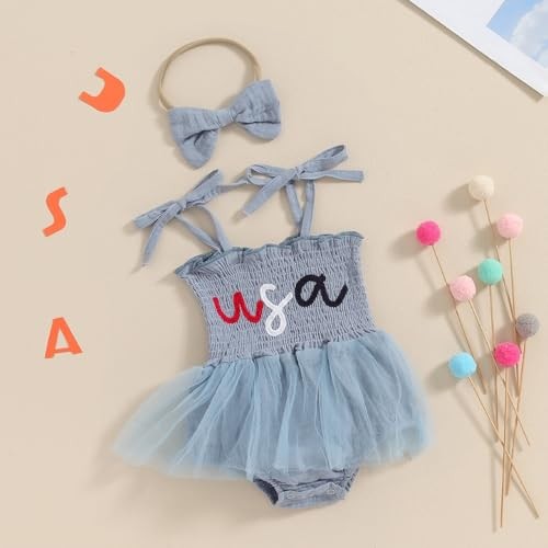 Baby Girl 4th Of July Outfit Spaghetti Strap Fourth 3-6 Months Blue Usa Romper