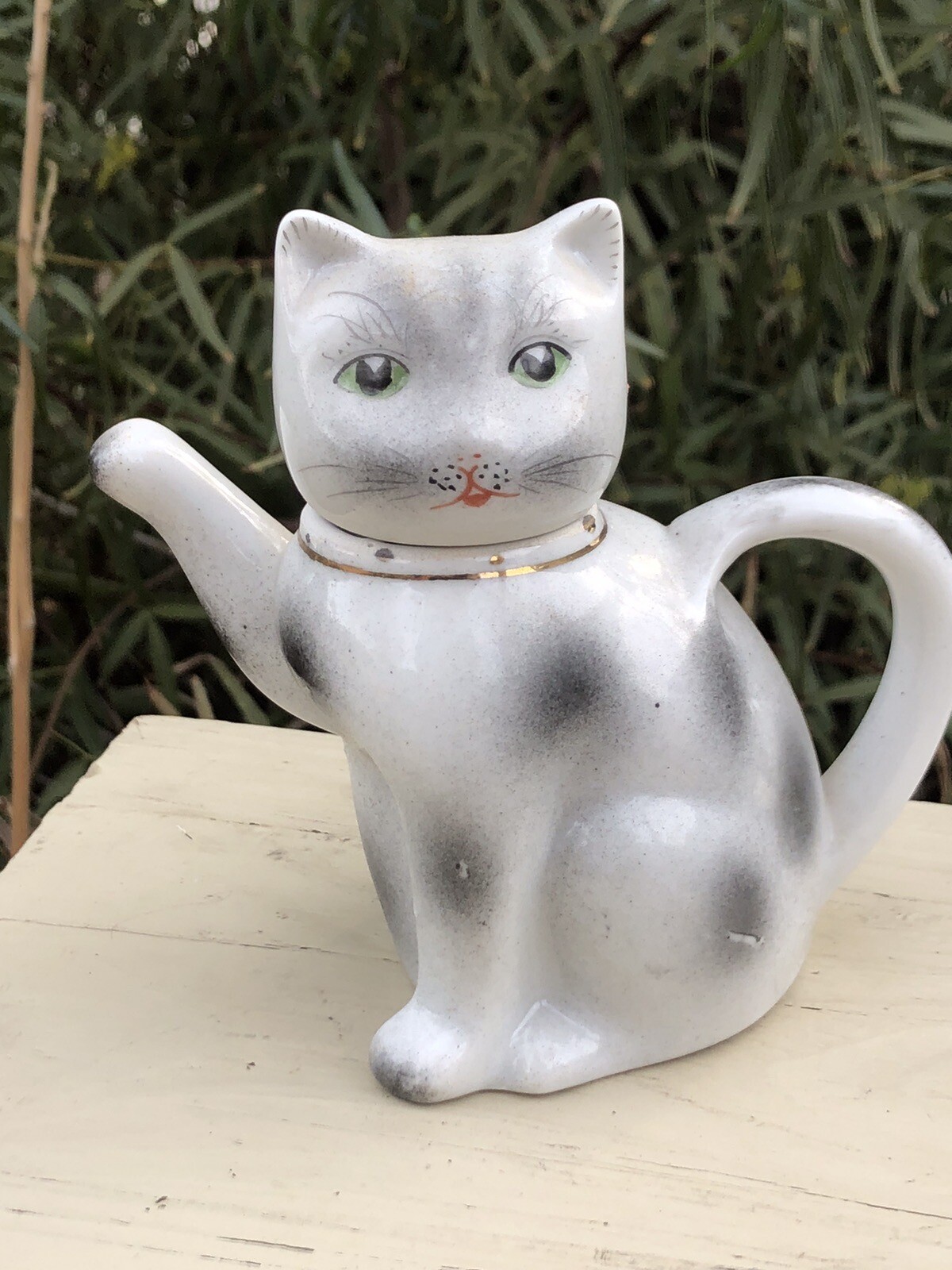 Vintage Lucky Cat Porcelain Grey And White Hand Painted Creamer 4.75”H