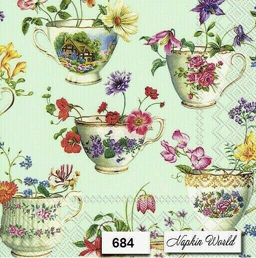 (684) TWO Individual Paper LUNCHEON Decoupage Napkins – FLOWERS CUPS TEACUPS