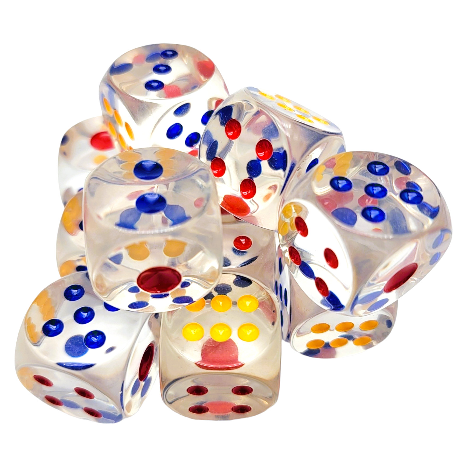 12 Transparent Dice with Colored Dots (Over Sized – 1″) Not Your Typical Dice