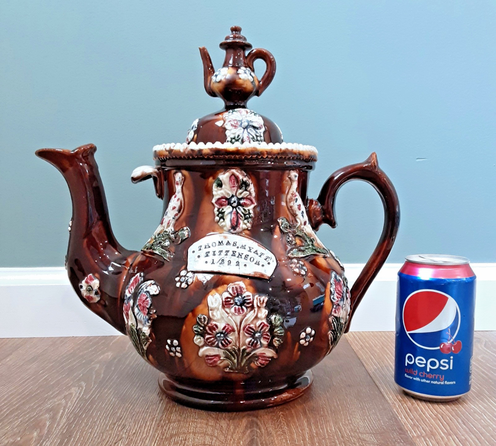 Antique c. 1892 Victorian MEASHAM Pottery Bargeware BIG 13″ Ceramic Teapot