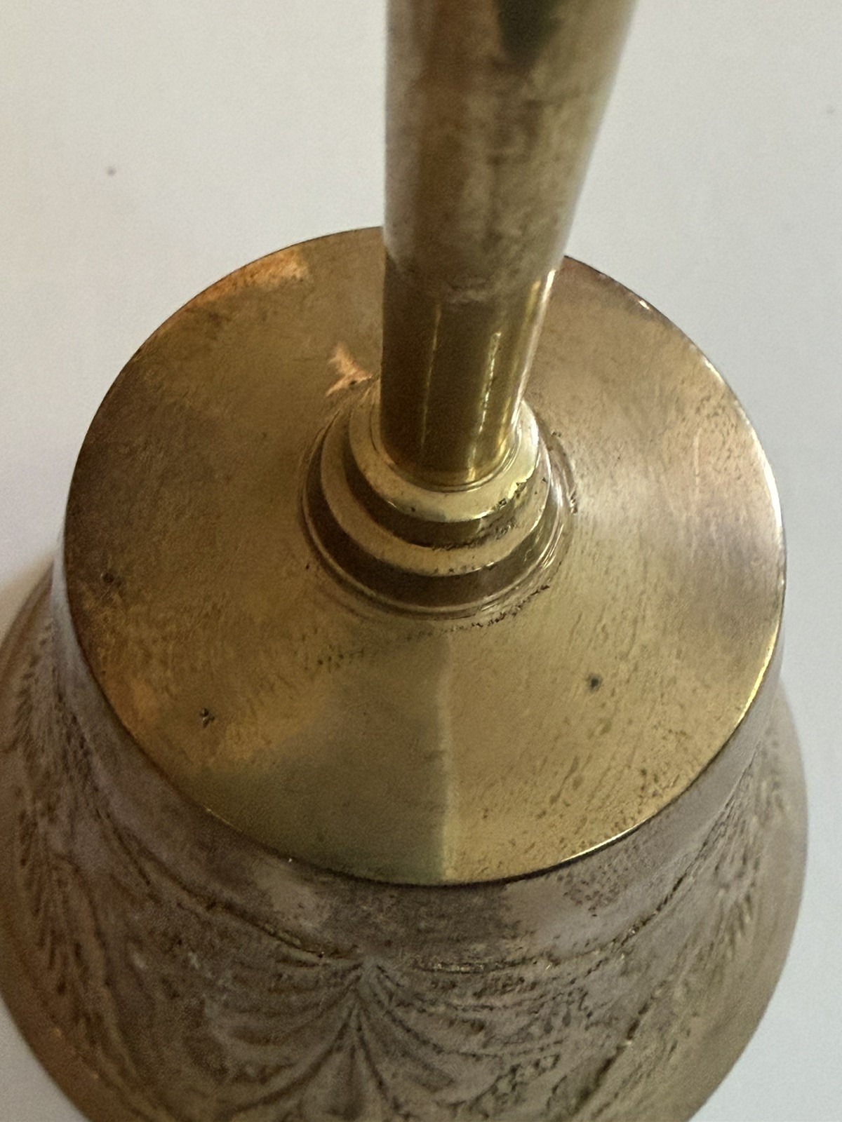 Vtg India Brass Hand Bell Floral Embossed Decorative Bell 7″ Slender Handle