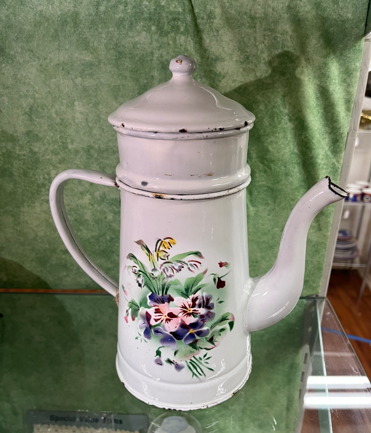 Vintage French Enamelware Biggin Coffee Pot – White with Floral Motif